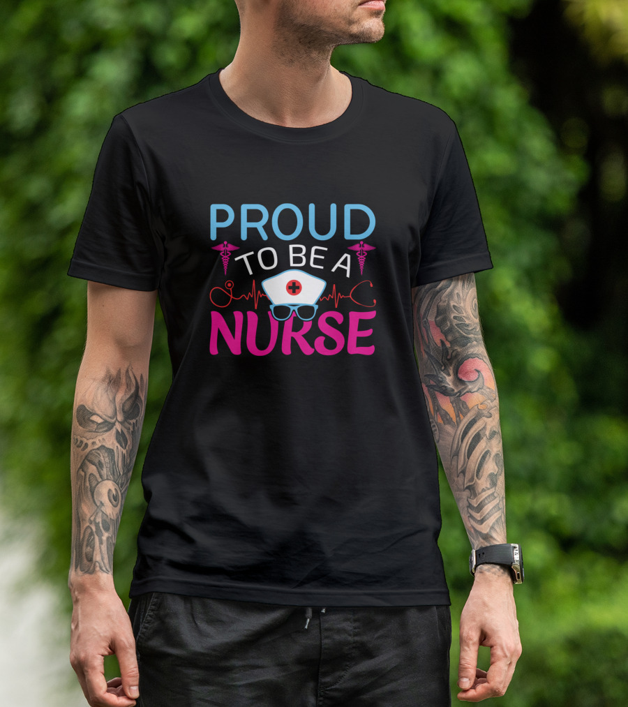 Proud To Be A Nurse Medical Symbols Heartbeat Nurse Cap Glasses Caduceus T-Shirt