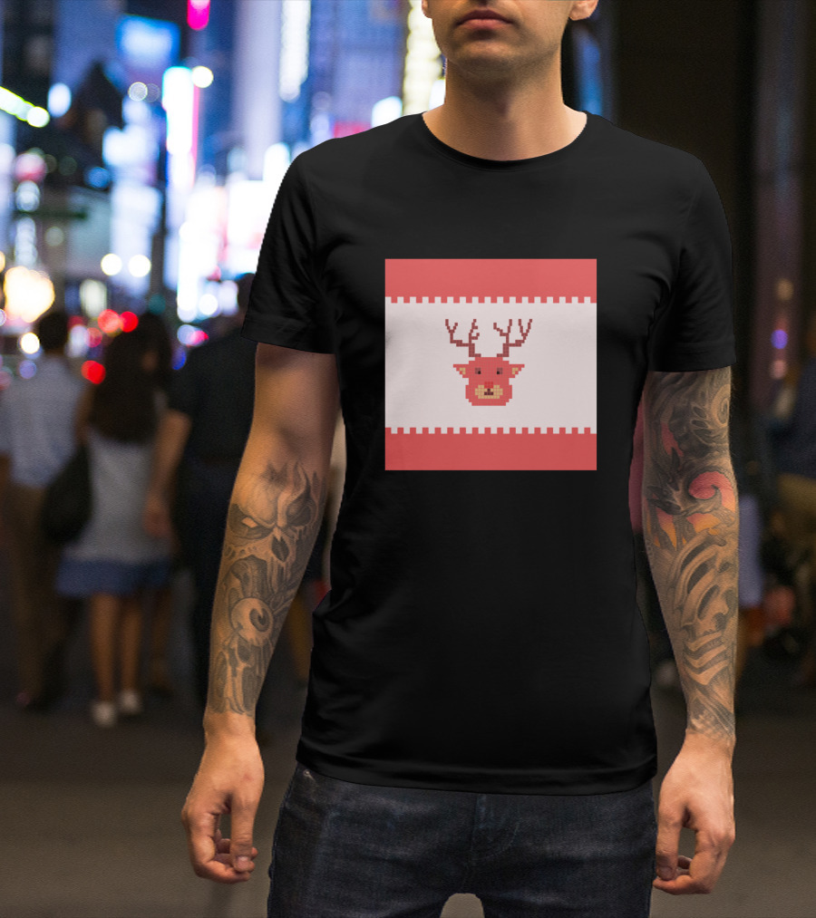 Red And White Pixelated Deer Head T-Shirt