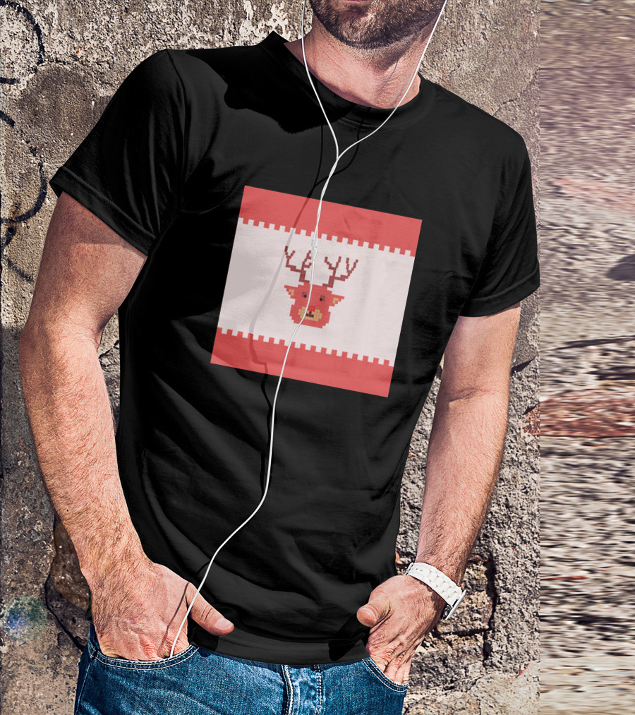 Red And White Pixelated Deer Head T-Shirt