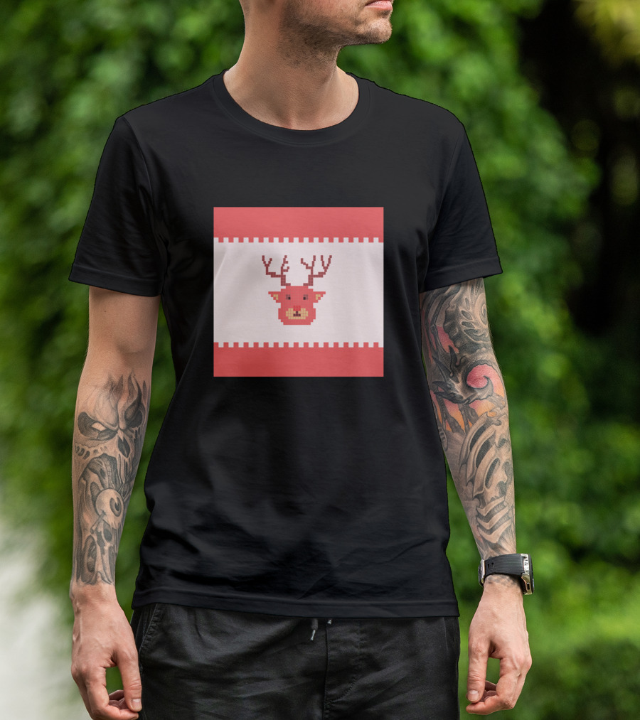 Red And White Pixelated Deer Head T-Shirt