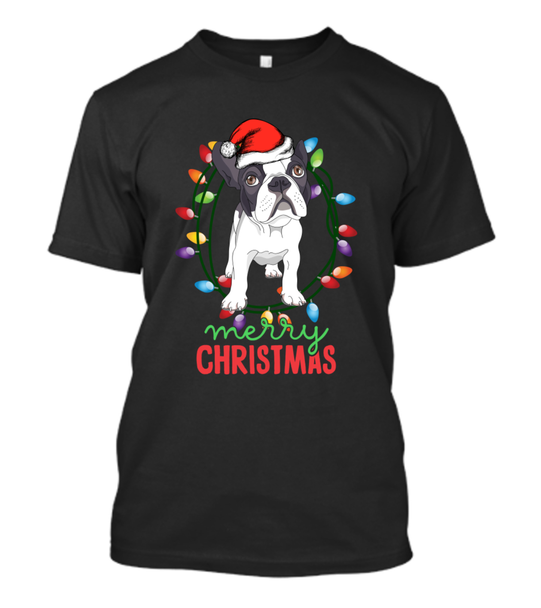 Merry Christmas French Bulldog With Festive Holiday Lights And Santa Hat T-Shirt