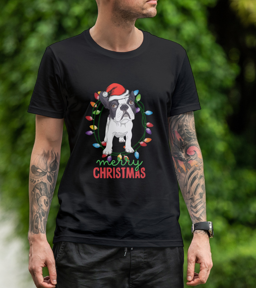Merry Christmas French Bulldog With Festive Holiday Lights And Santa Hat T-Shirt