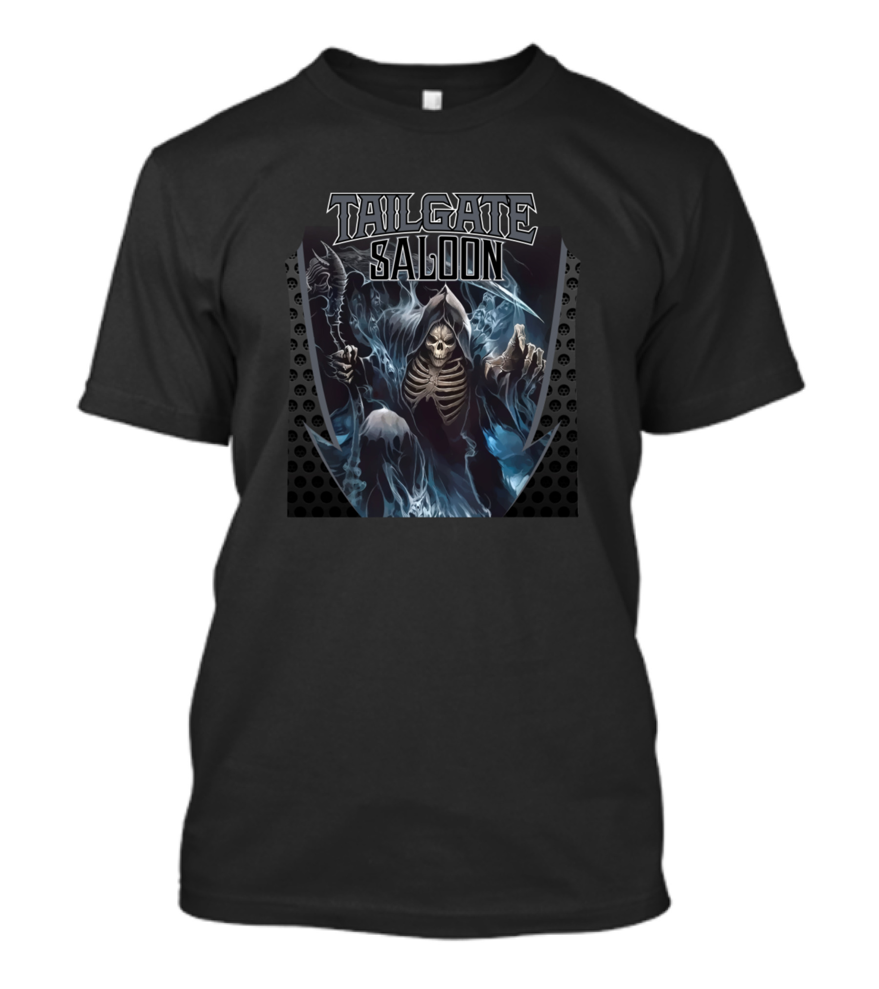 Tailgate Saloon Grim Reaper Ghostly Skeleton With Scythe T-Shirt