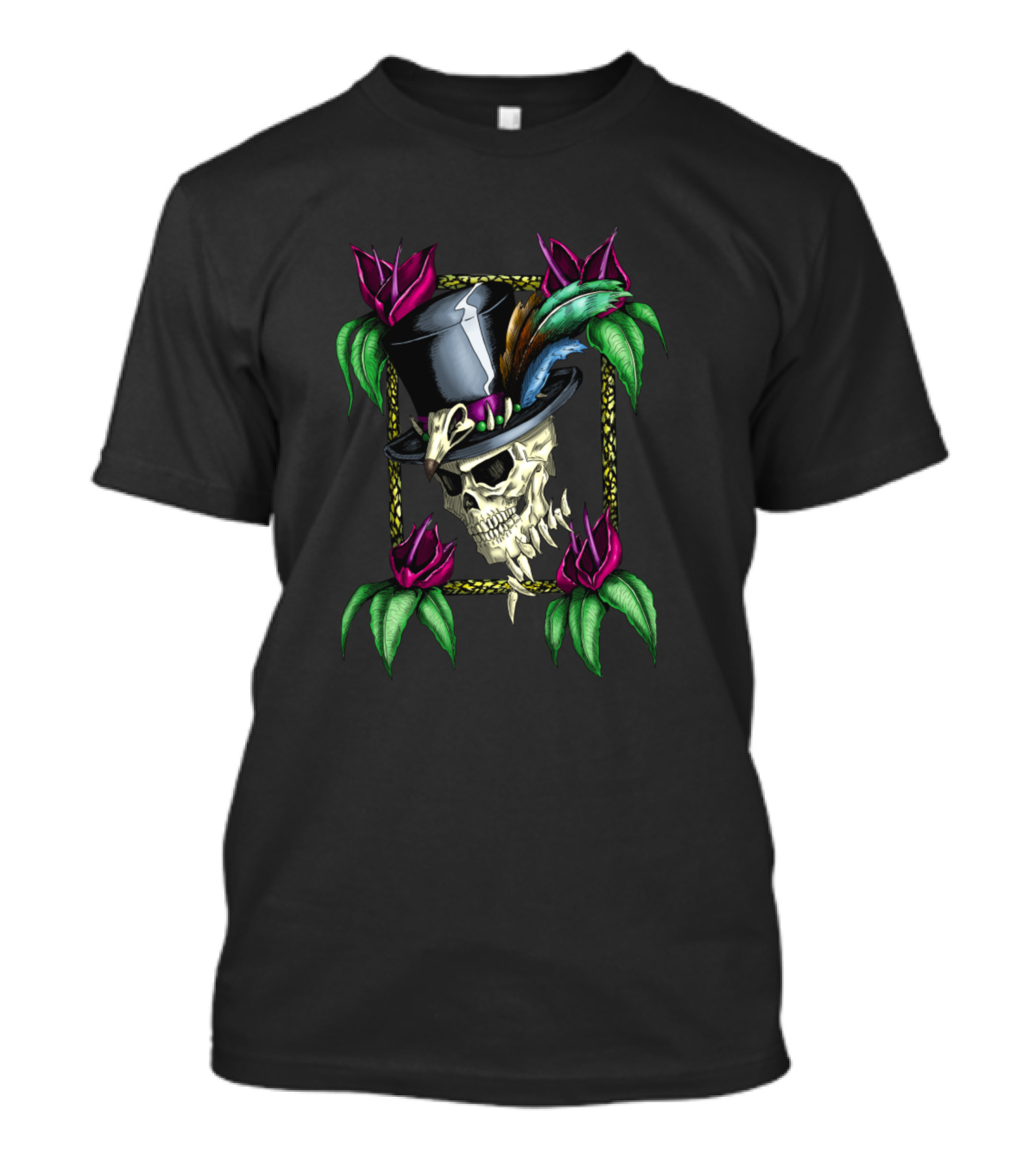 Voodoo King Skull With Top Hat And Vibrant Flowers T-Shirt