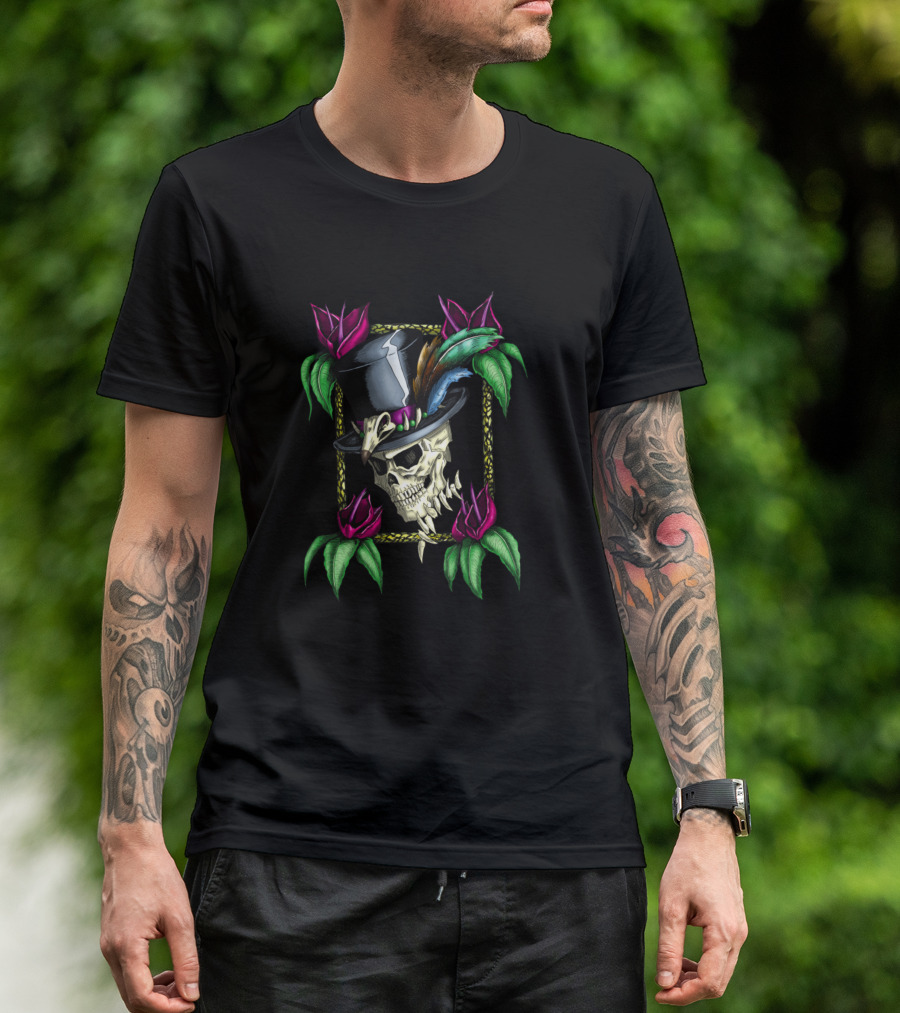 Voodoo King Skull With Top Hat And Vibrant Flowers T-Shirt