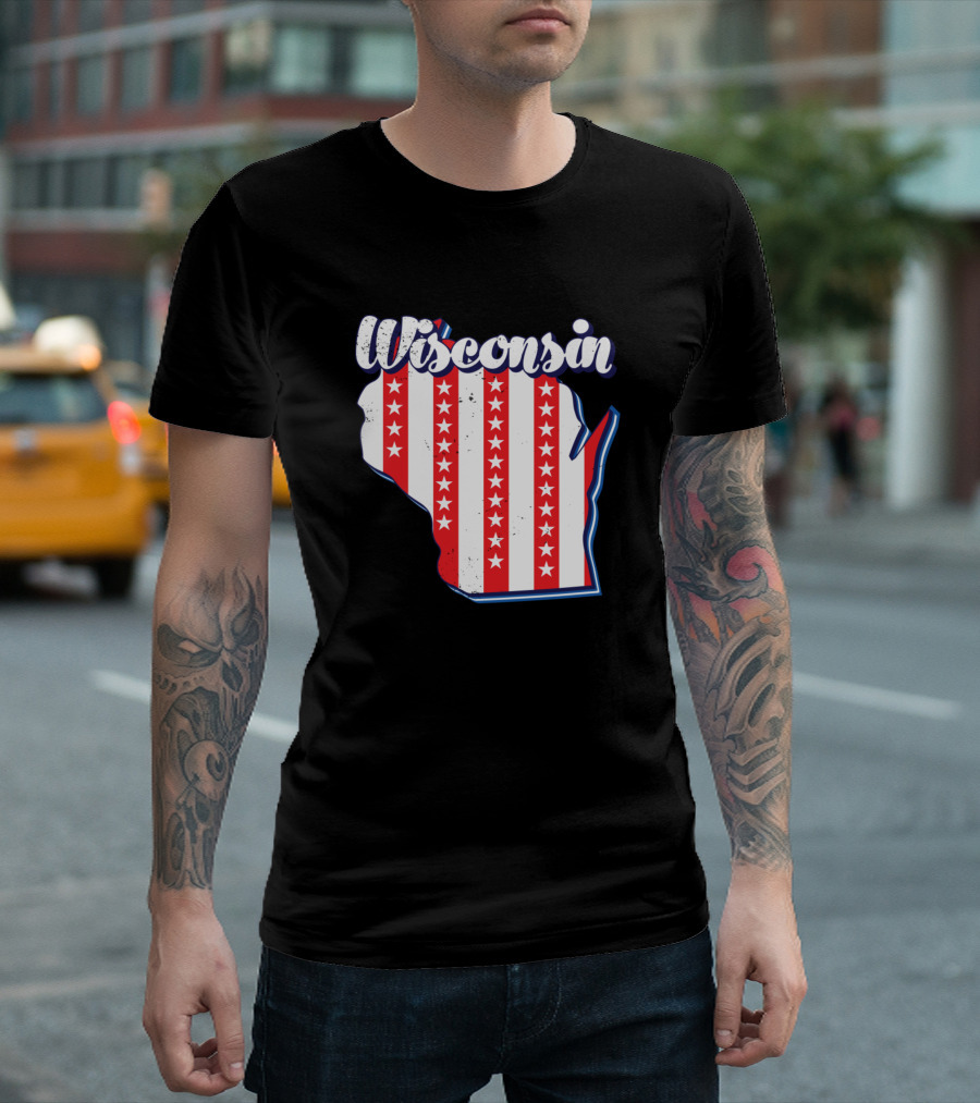 Wisconsin Map Outline American Flag Stars Stripes 4th of July T-Shirt