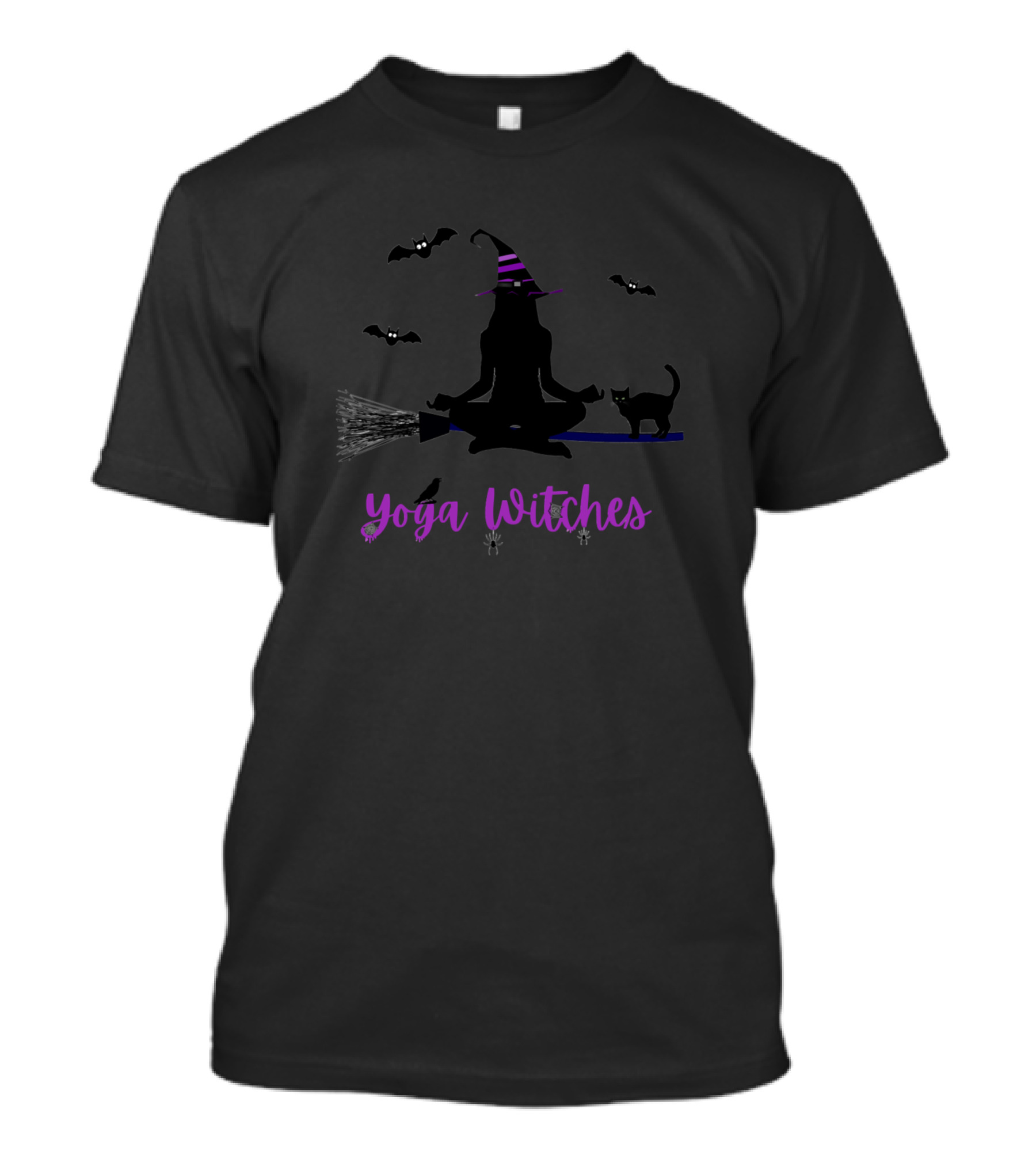 Yoga Witches Halloween Namaste Meditate Bats Cat Broomstick T-Shirt