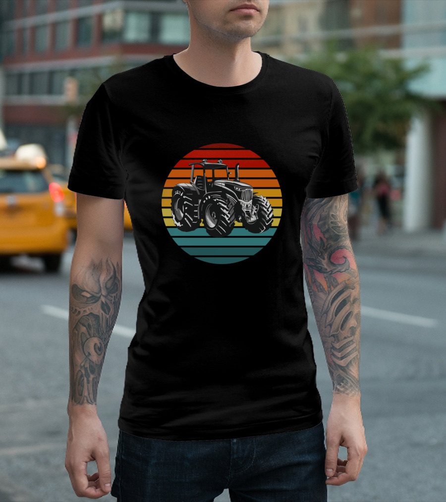 Retro Striped Sunset Tractor T-Shirt