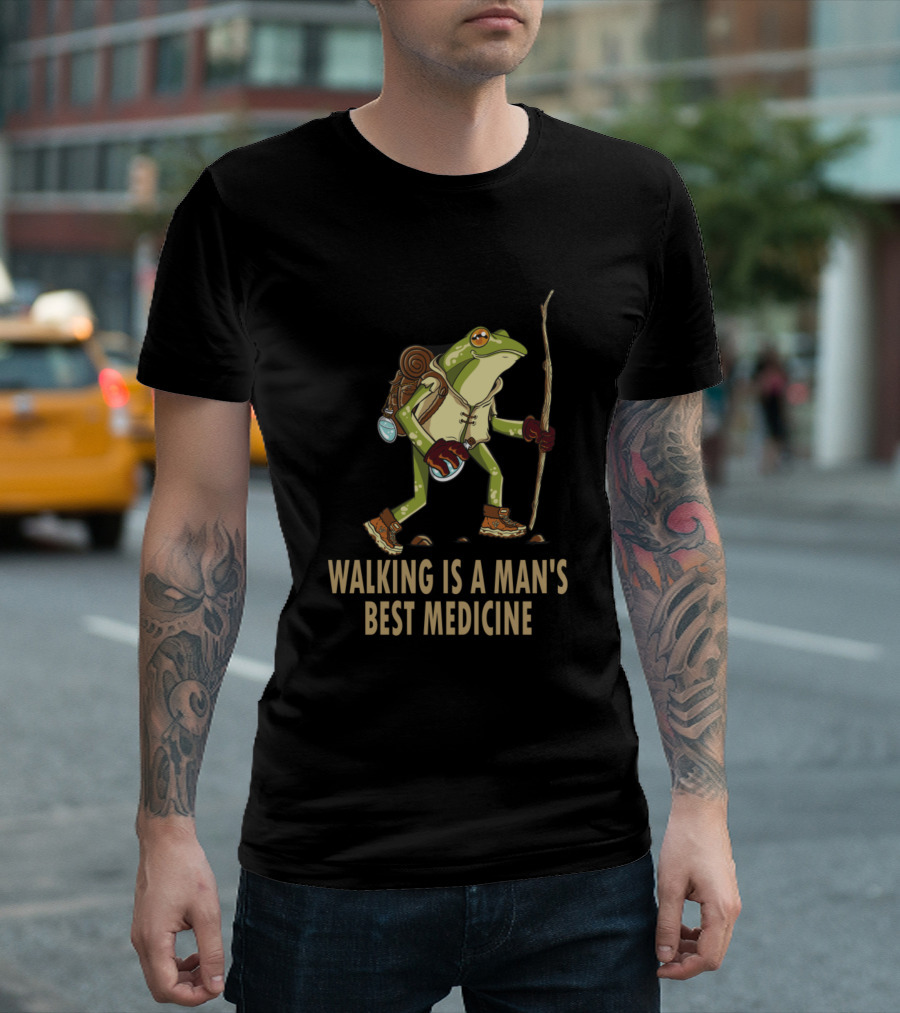 Walking Is A Man's Best Medicine Frog Hiking Character T-Shirt