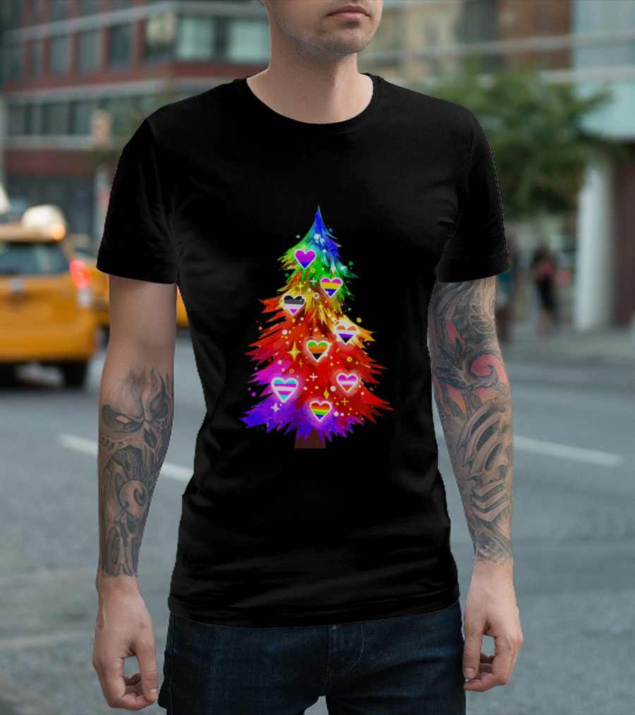 Queer On Christmas Planting Pride And Love Rainbow Christmas Tree Hearts T-Shirt