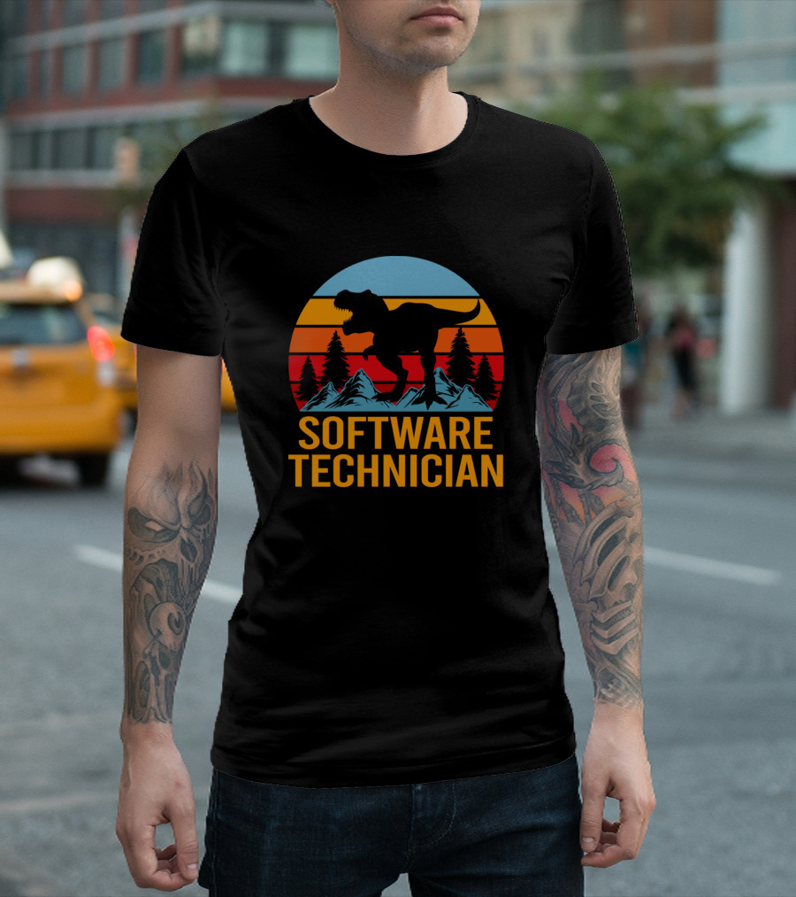 Software Technician Dinosaur Mountain Sunset Forest T-Shirt