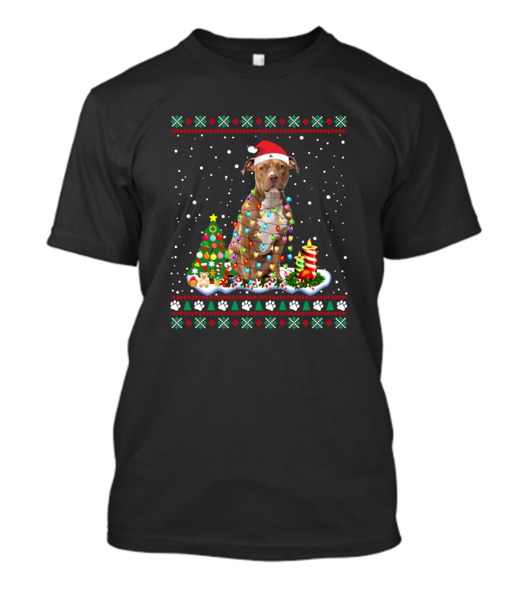 Staffordshire Terrier Santa Christmas Lights Snow Scene T-Shirt