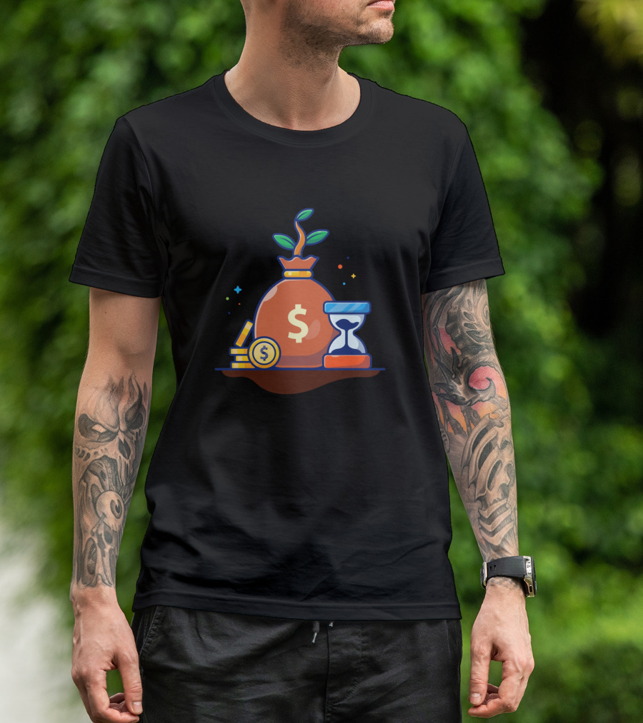 Stock Of Coin Plant Of Money And Hourglasses Carto Cash Bag Dollar Currency Timer T-Shirt