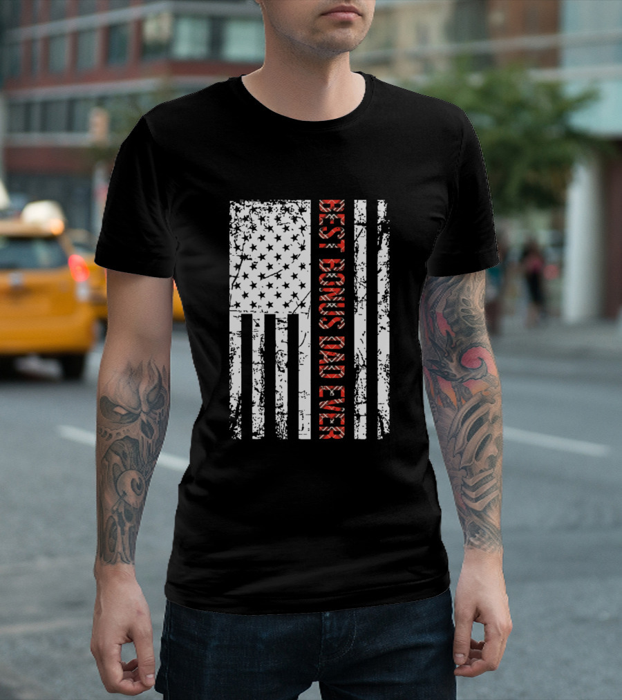 Best Bonus Dad Ever American Flag Plaid Design for Step Dad T-Shirt