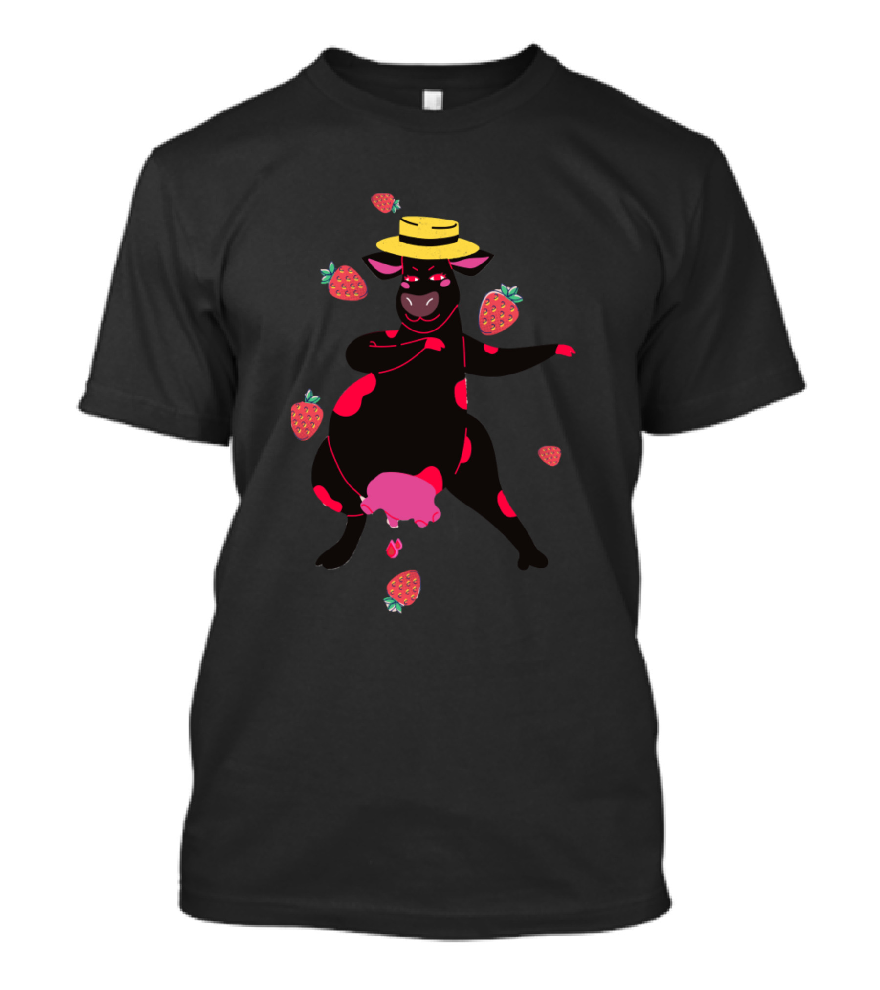 Black Cow Dancing With Strawberries And Yellow Hat T-Shirt