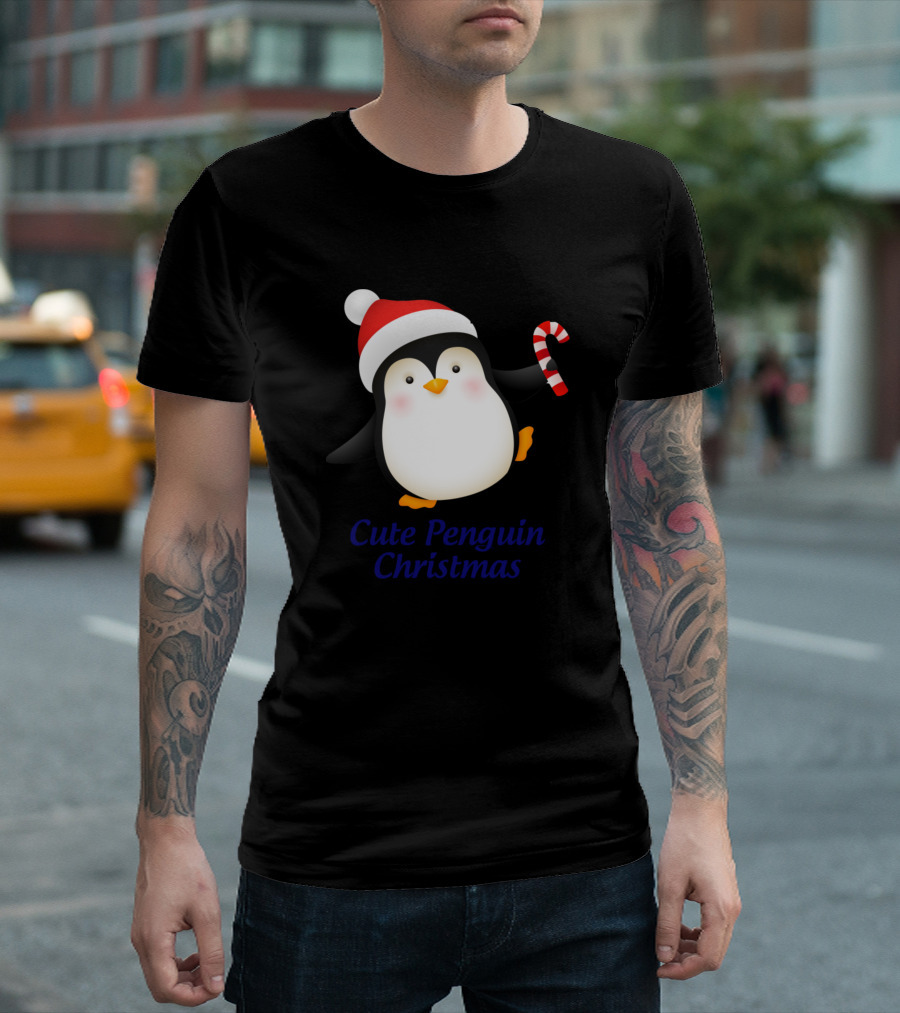 Cute Penguin Christmas Santa Hat Candy Cane T-Shirt