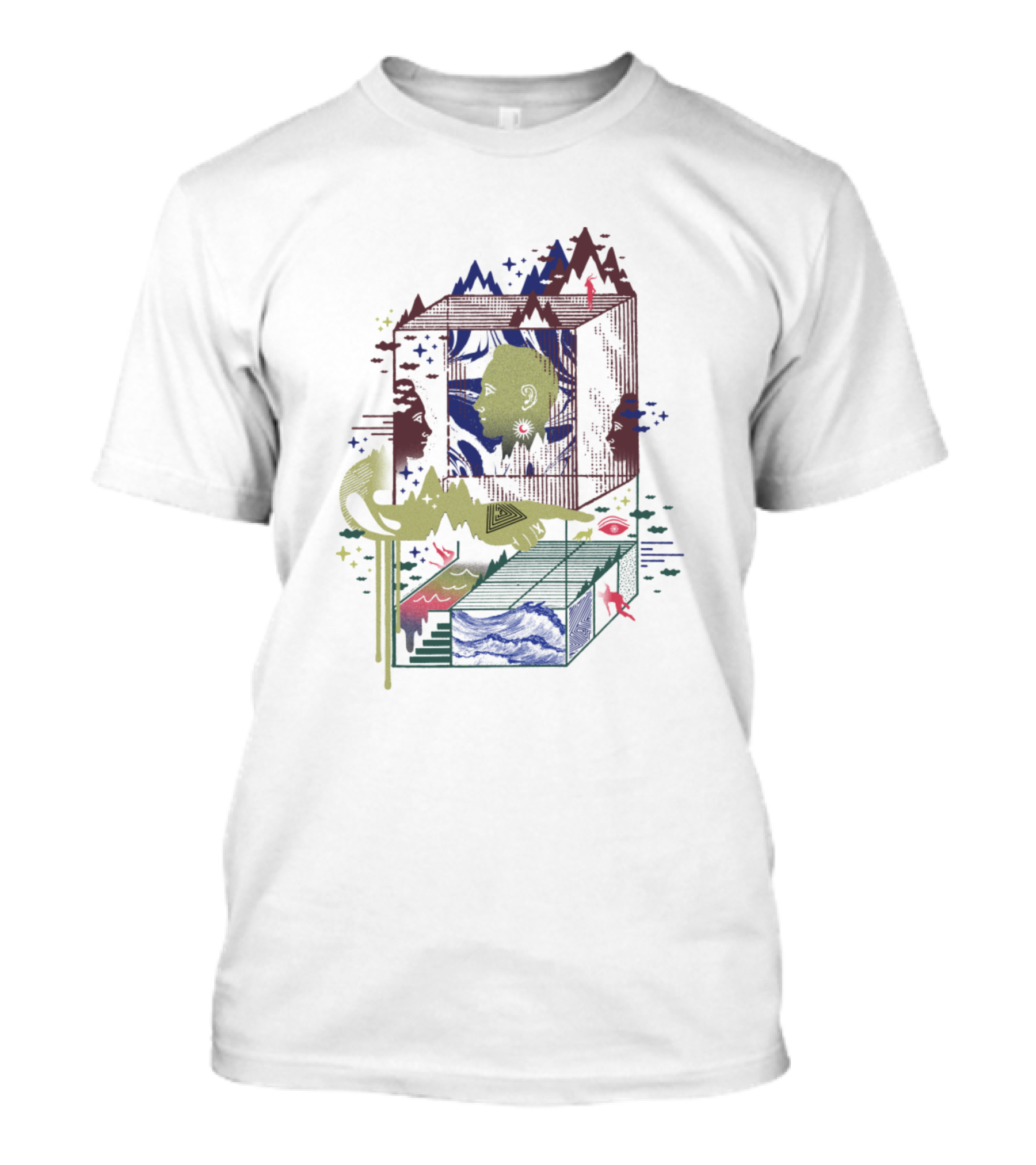 Dreamacyde Illusions In Geometric Perspective With Surreal Nature And Face Elements T-Shirt