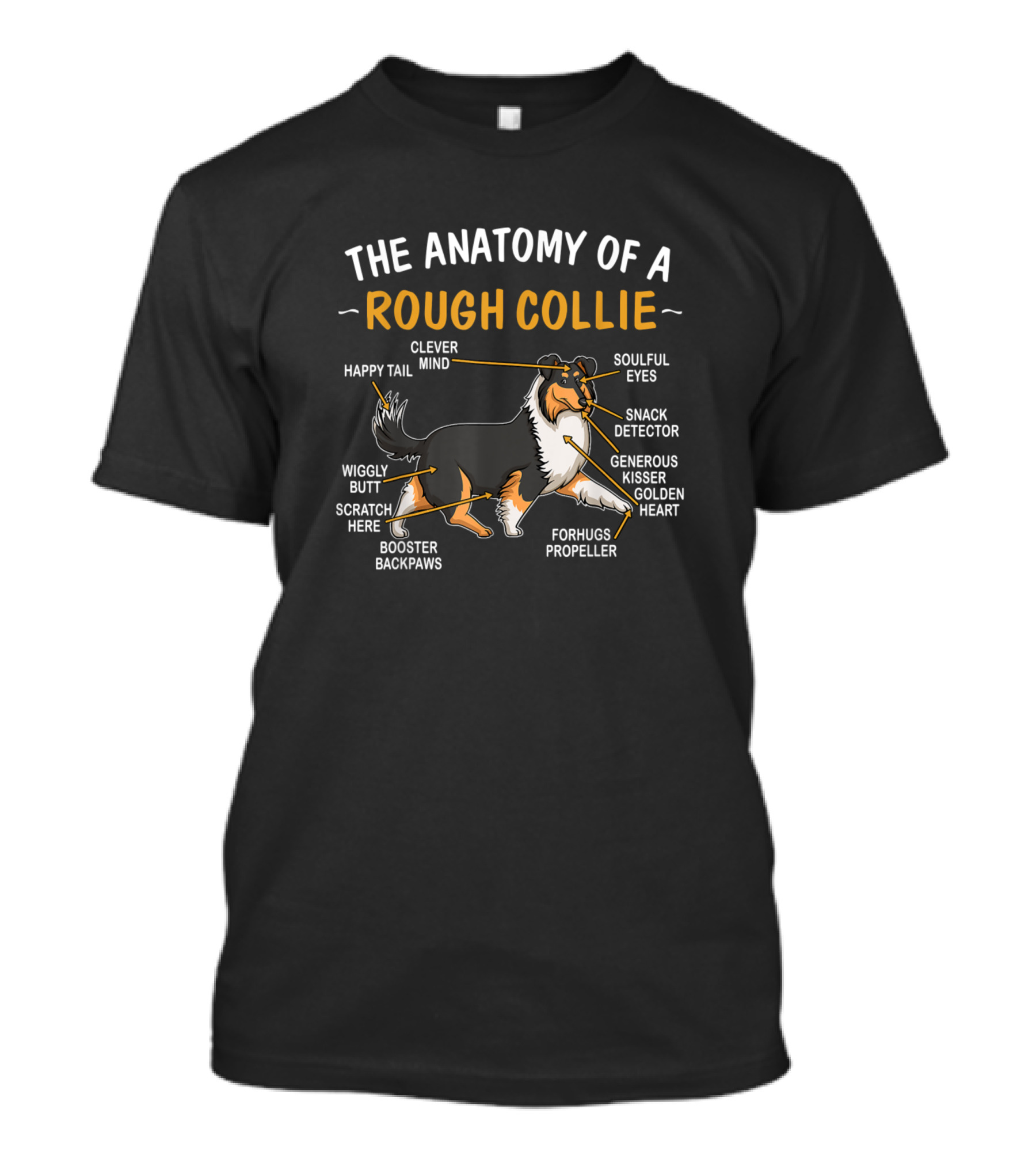The Anatomy Of A Rough Collie Clever Mind Happy Tail Soulful Eyes Snack Detector Generous Kisser Golden Heart Wiggly Butt Scratch Here Forhugs Propeller Booster Backpaws T-Shirt