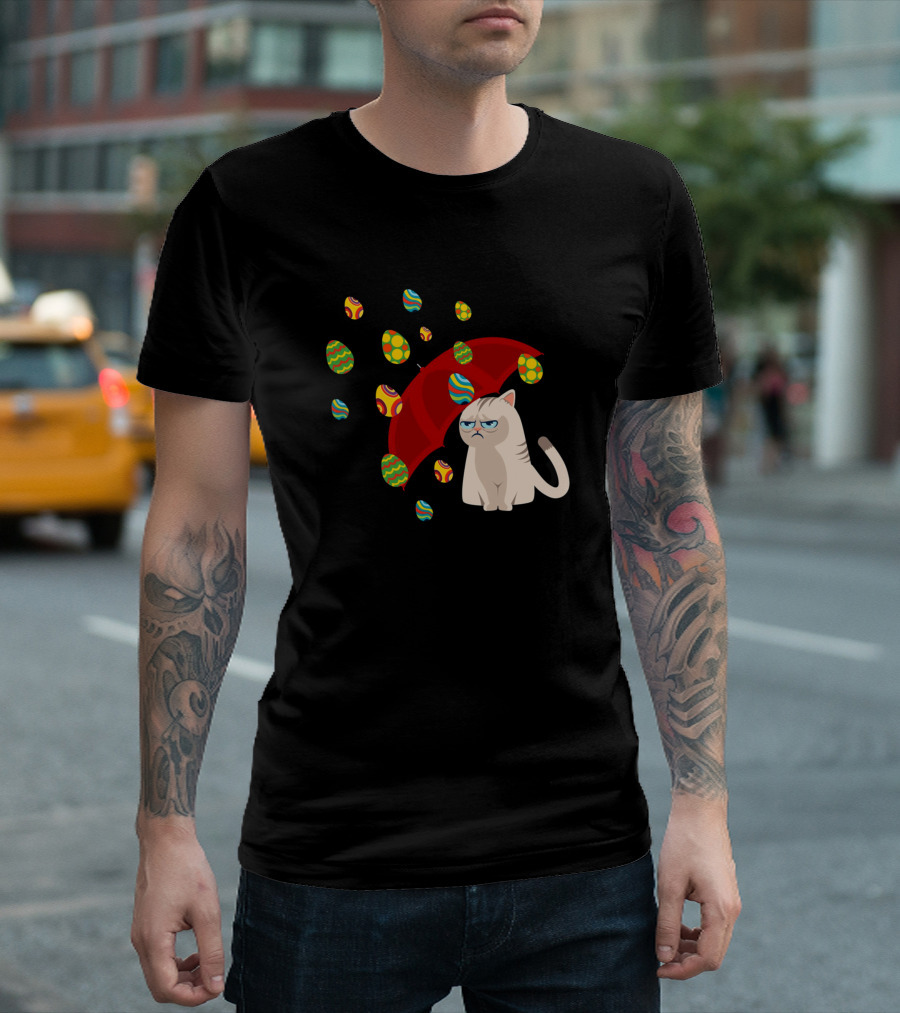 Grouchy Cat with Red Umbrella Under Raining Easter Eggs T-Shirt