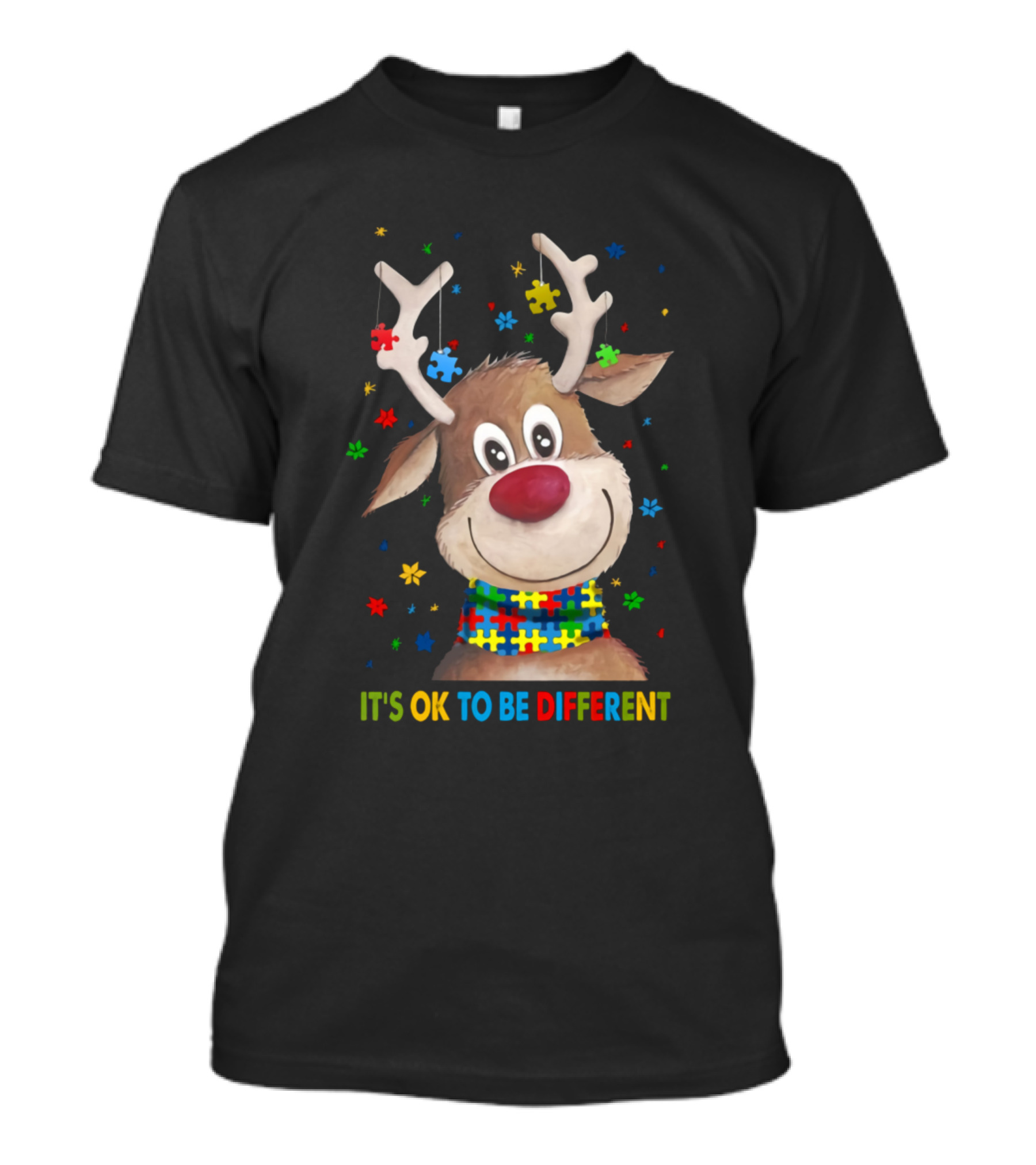 IT'S OK TO BE DIFFERENT Autism Awareness Reindeer With Puzzle Pieces T-Shirt
