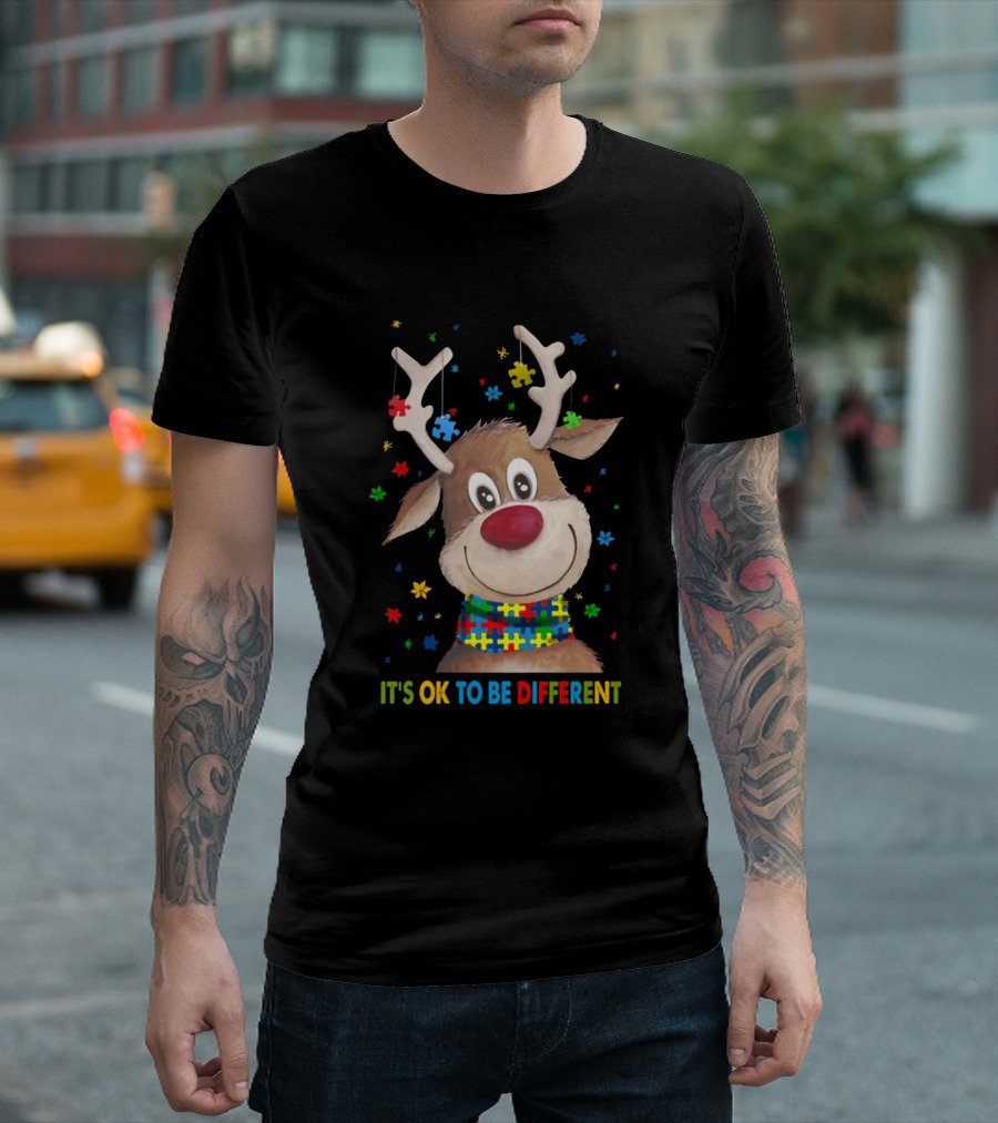 IT'S OK TO BE DIFFERENT Autism Awareness Reindeer With Puzzle Pieces T-Shirt