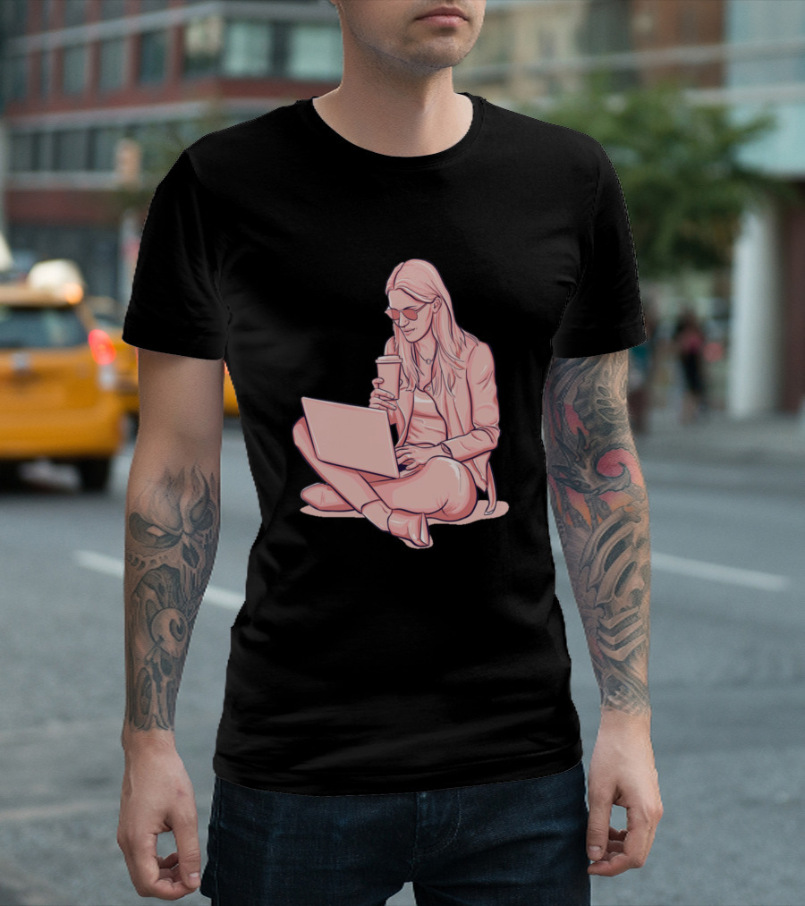 Working Laptop Coffee Break Sitting Woman T-Shirt