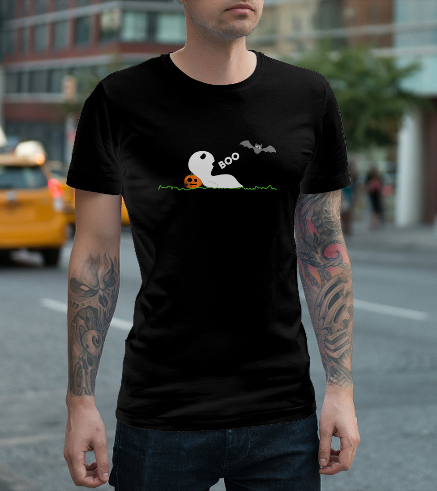 Ghost Boo Pumpkin Bat Halloween on Grass T-Shirt