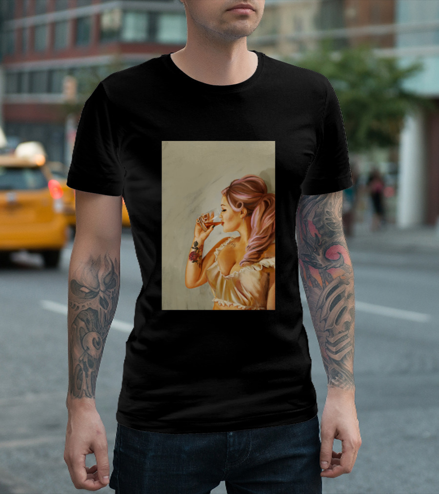 A Sip Of Whiskey Cool Vintage Pinup Girl With Rose Tattoo Drinking T-Shirt