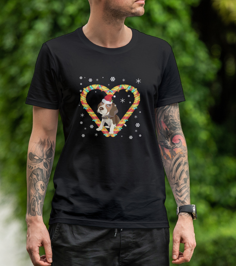 Beagle Santa Hat Candy Cane Heart Snowflakes Funny Christmas Light T-Shirt