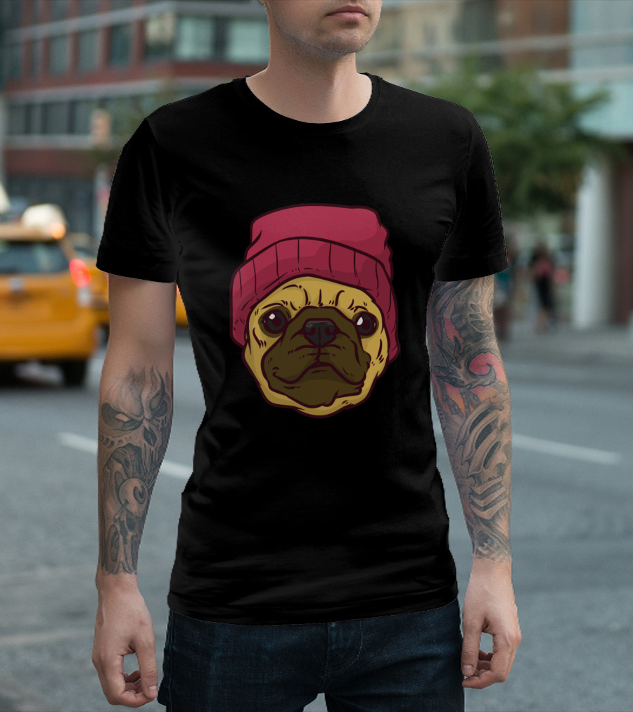 Cool Pug With Red Hat Animal Lovers Pugs T-Shirt