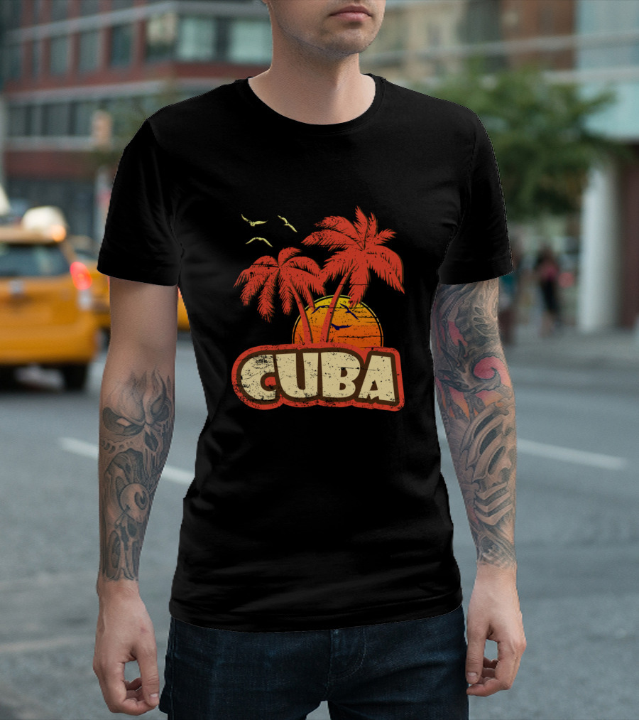 Cuba Tropical Vintage Sunset Palm Trees Birds T-Shirt