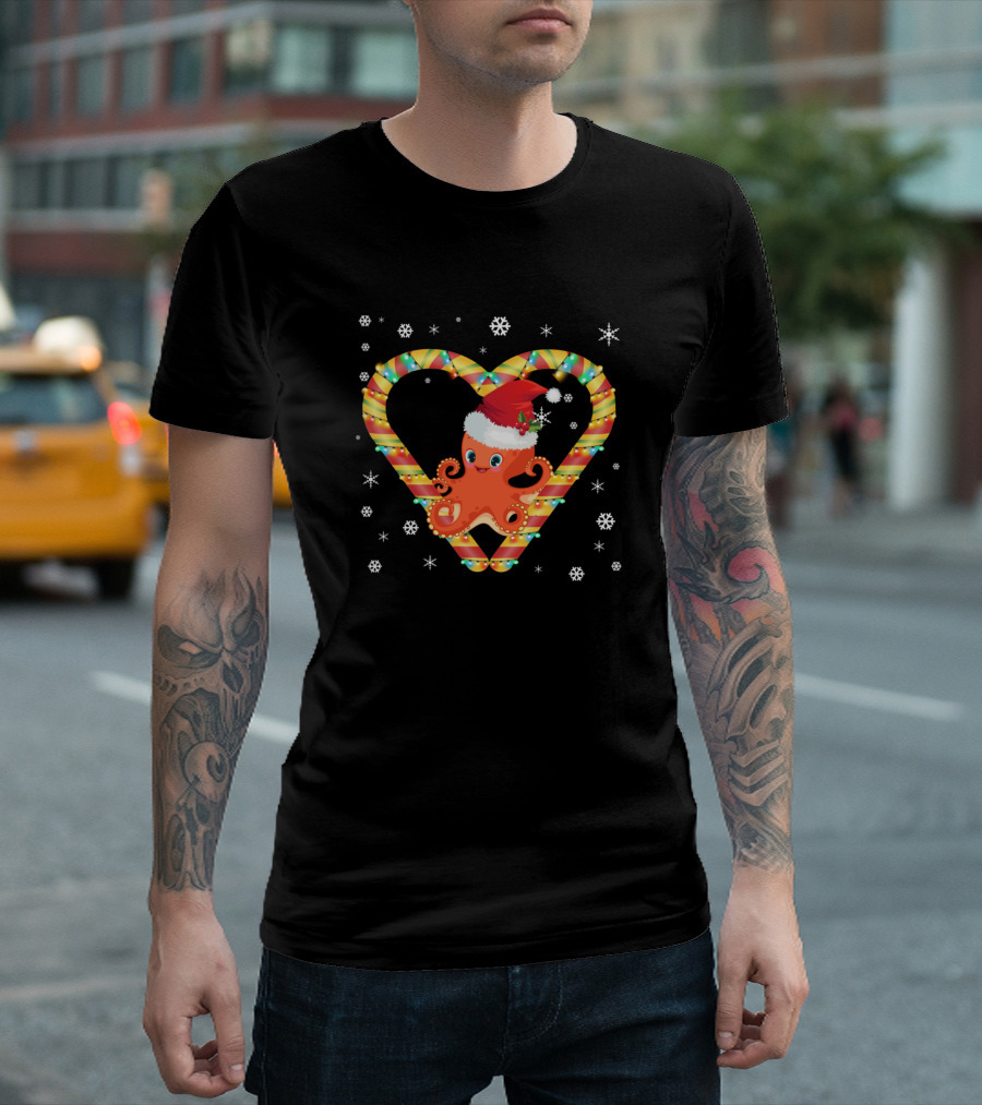 Cute Octopus Santa Hat Candy Cane Heart Snowflakes T-Shirt
