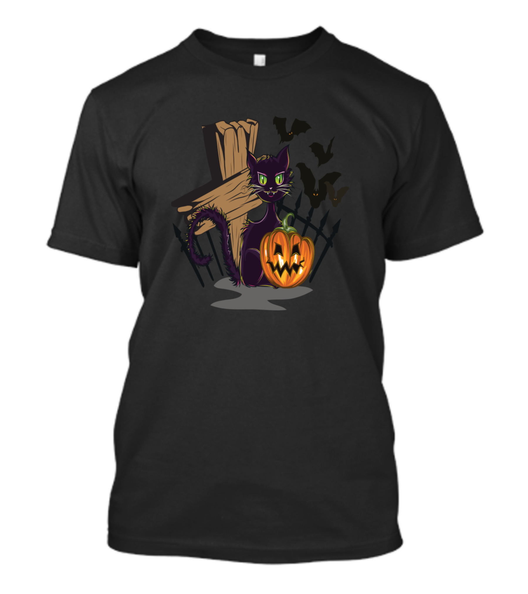 Halloween Black Cat With Jack-O'-Lantern And Bats T-Shirt