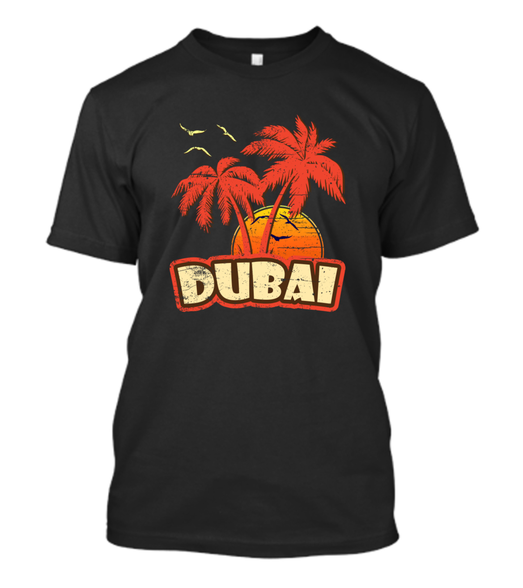 Dubai Vintage Sunset Palm Trees And Birds T-Shirt