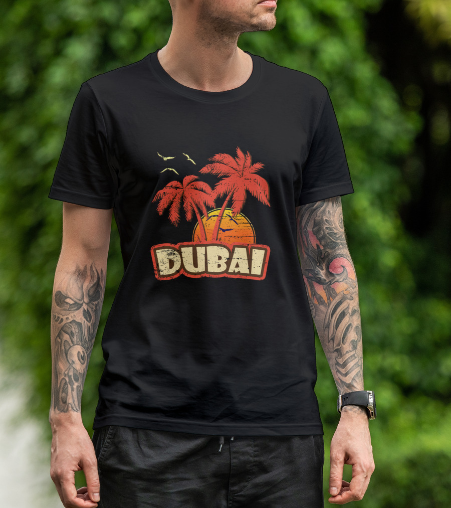 Dubai Vintage Sunset Palm Trees And Birds T-Shirt