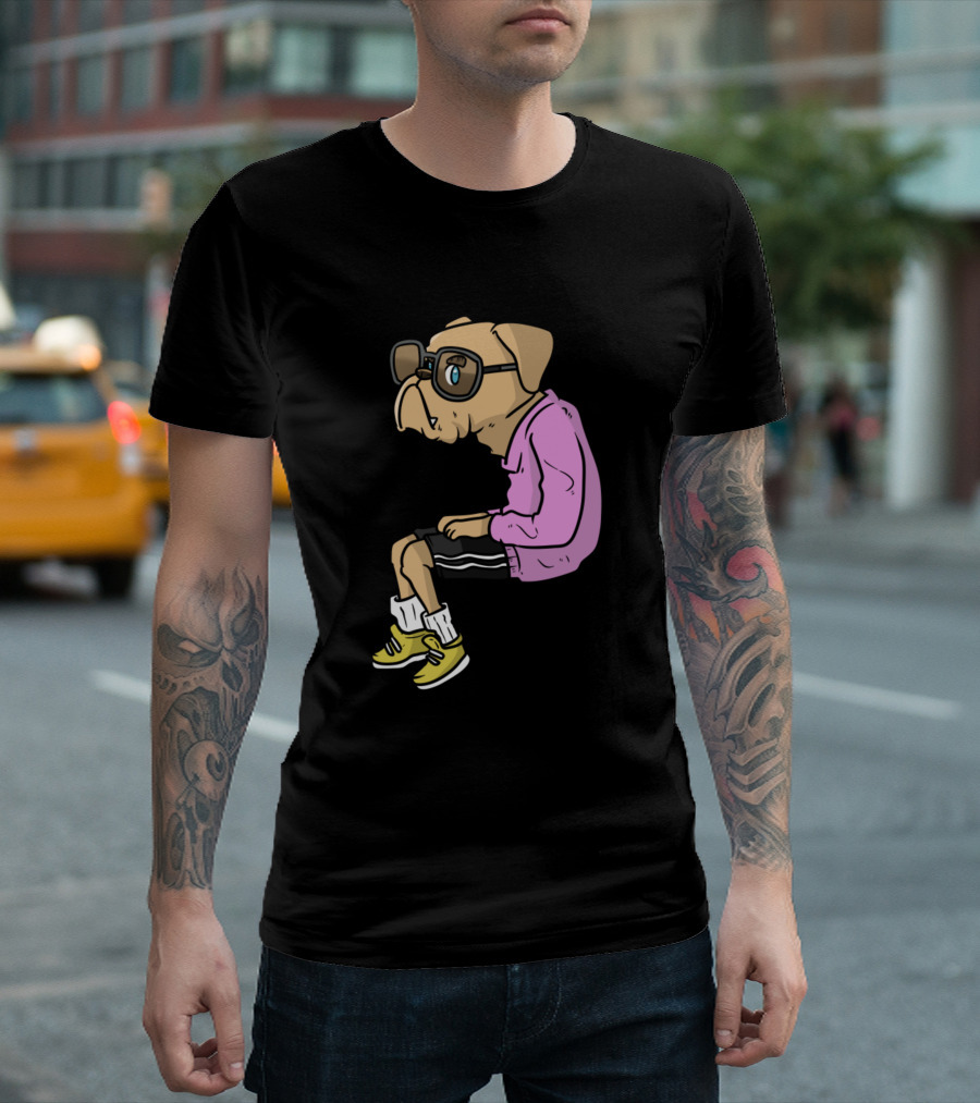 Hipster Great Dane Bulldog In Glasses And Pink T-Shirt