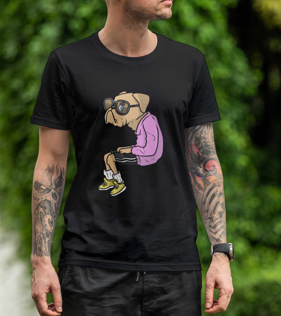 Hipster Great Dane Bulldog In Glasses And Pink T-Shirt