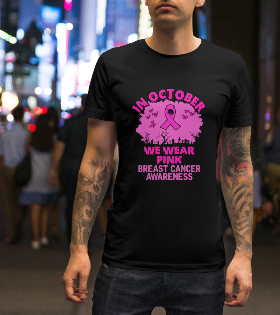 In October We Wear Pink Breast Cancer Awareness Halloween Ribbon Graveyard T-Shirt