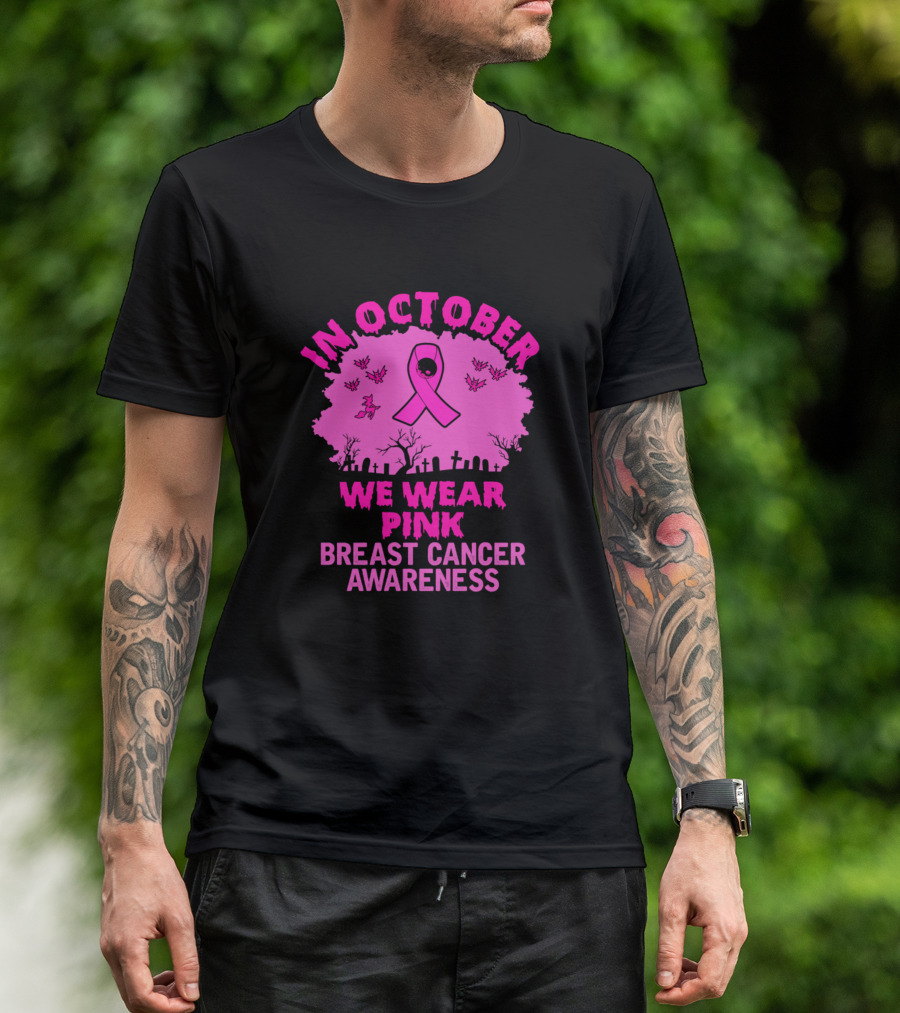 In October We Wear Pink Breast Cancer Awareness Halloween Ribbon Graveyard T-Shirt