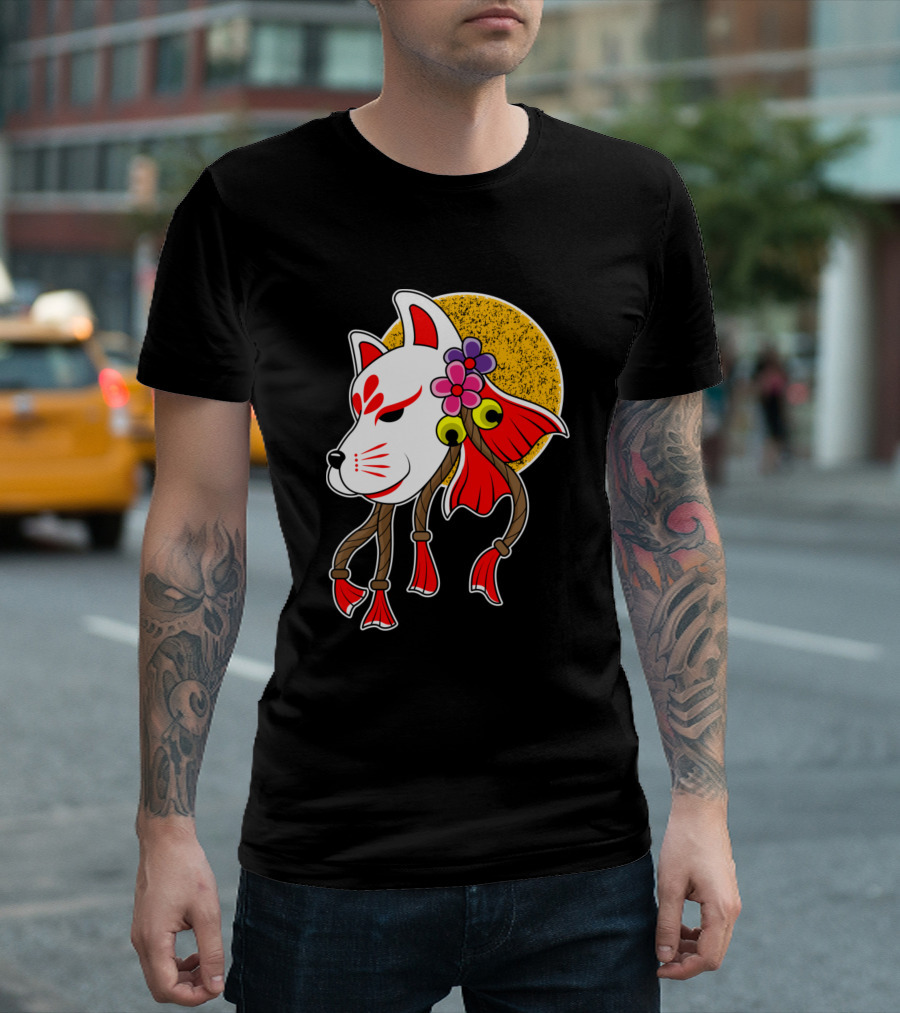 Japanese Kami Inari Fox Kitsune Mask with Flowers and Sun Motif T-Shirt