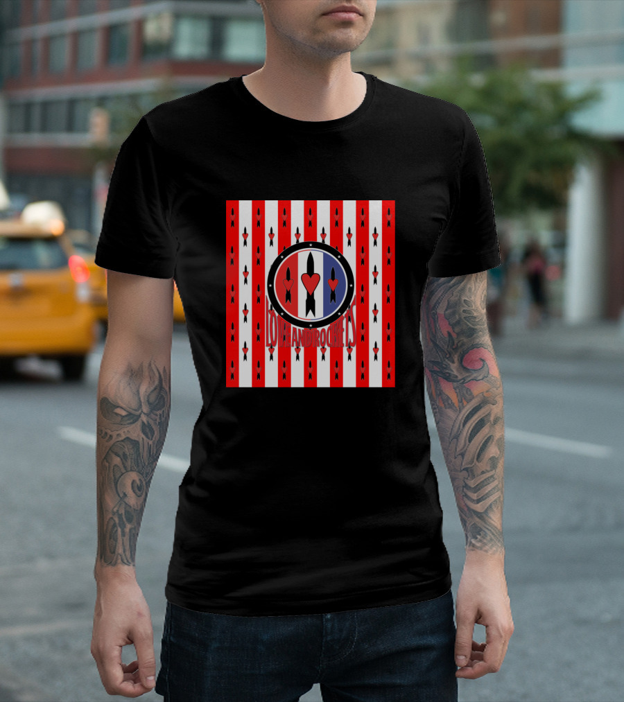 Love And Rockets Red White Stripe Hearts And Rockets T-Shirt