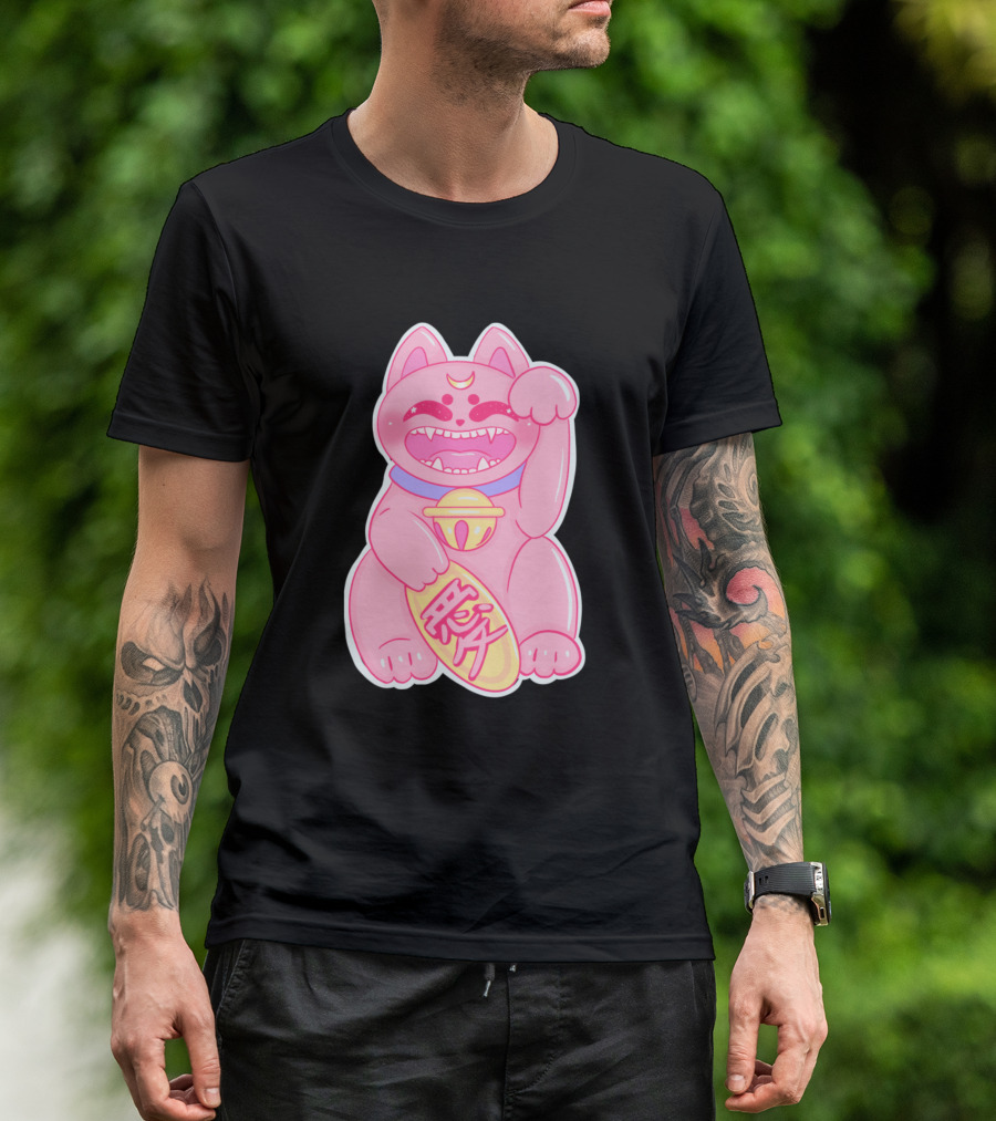 Love Maneki Neko Pink Lucky Cat Japan Charm T-Shirt