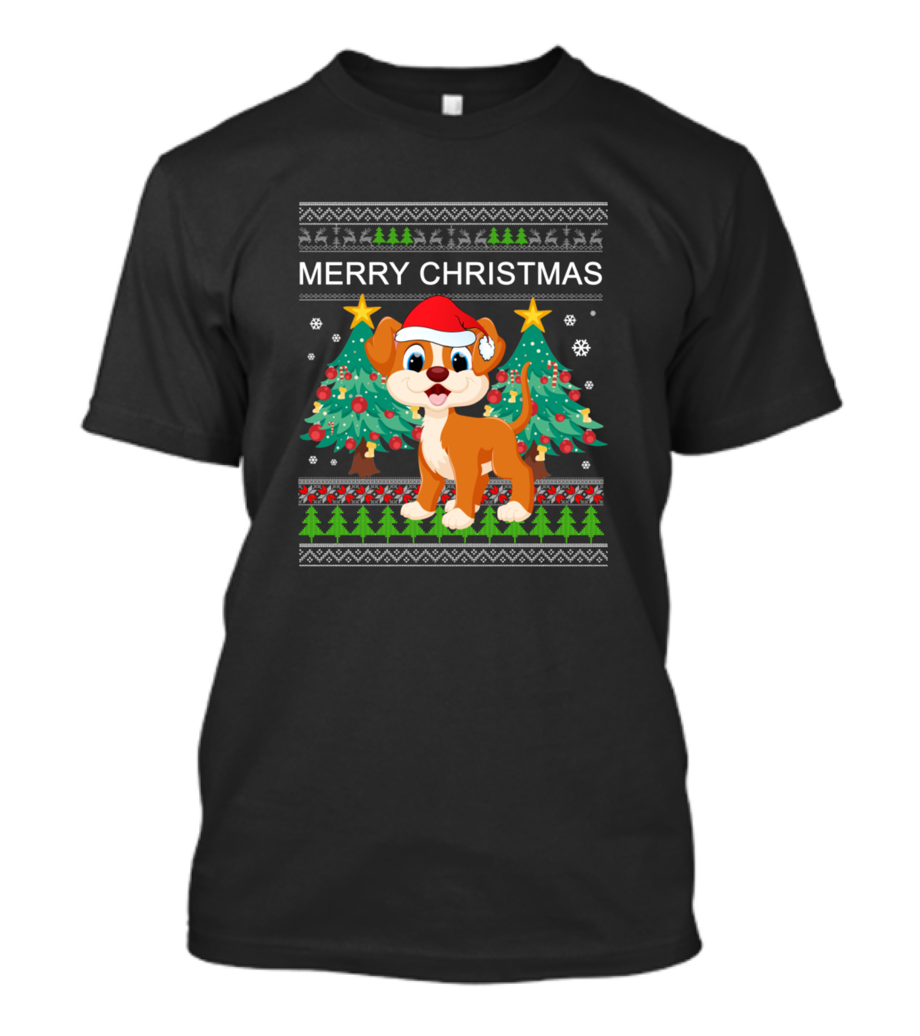 Merry Christmas Dog Santa Hat Christmas Trees And Snowflakes T-Shirt