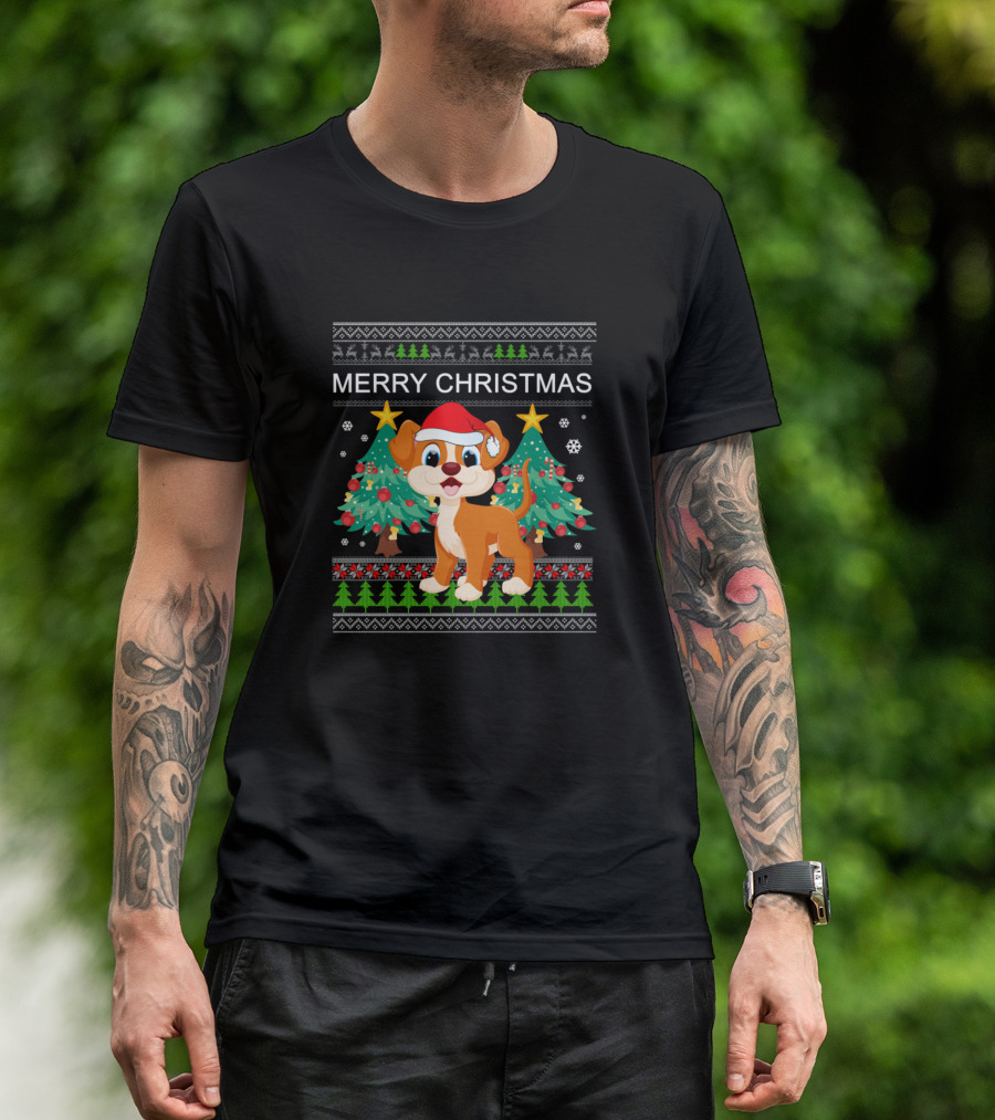 Merry Christmas Dog Santa Hat Christmas Trees And Snowflakes T-Shirt