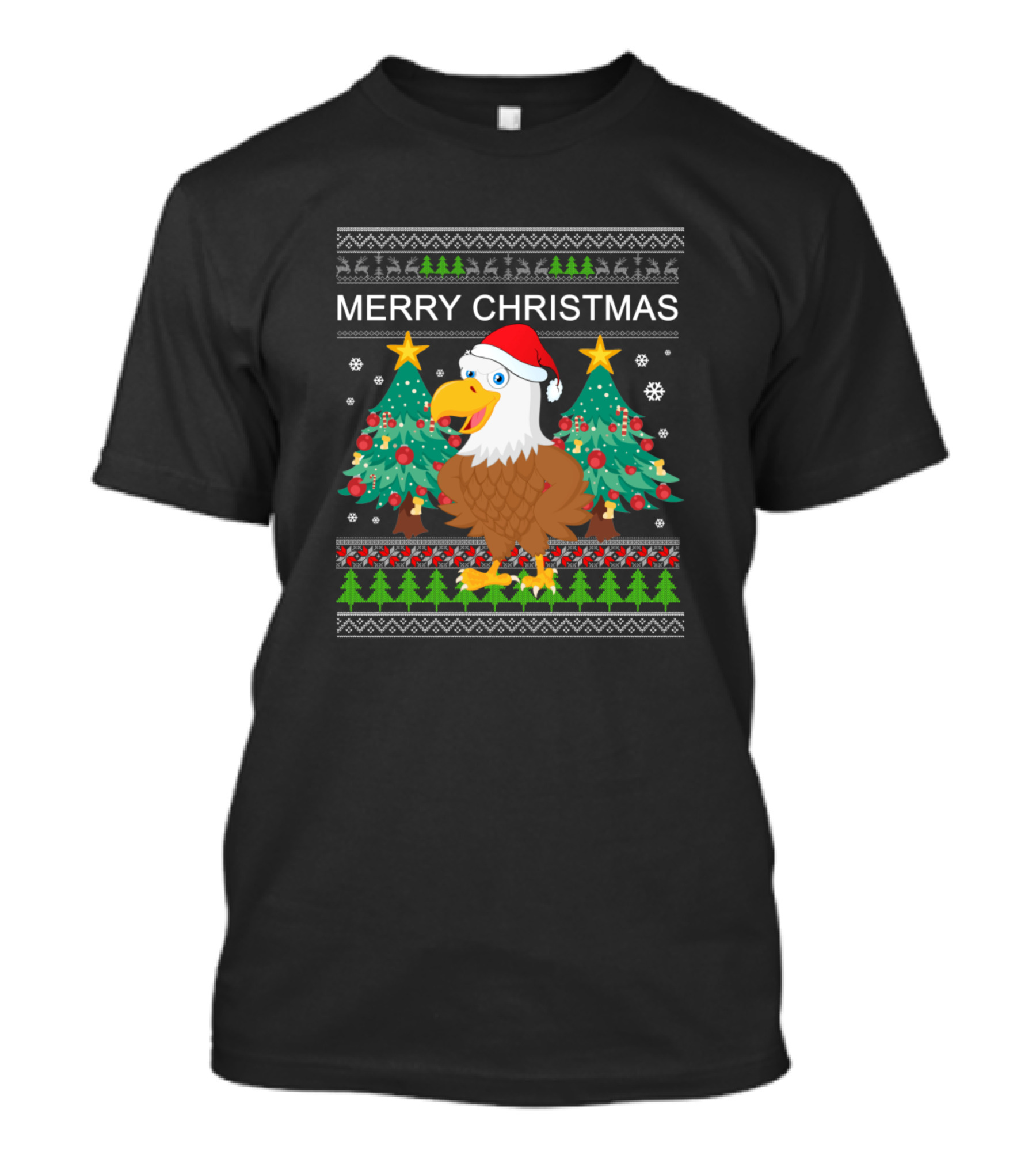 Merry Christmas Eagle With Santa Hat And Festive Trees T-Shirt