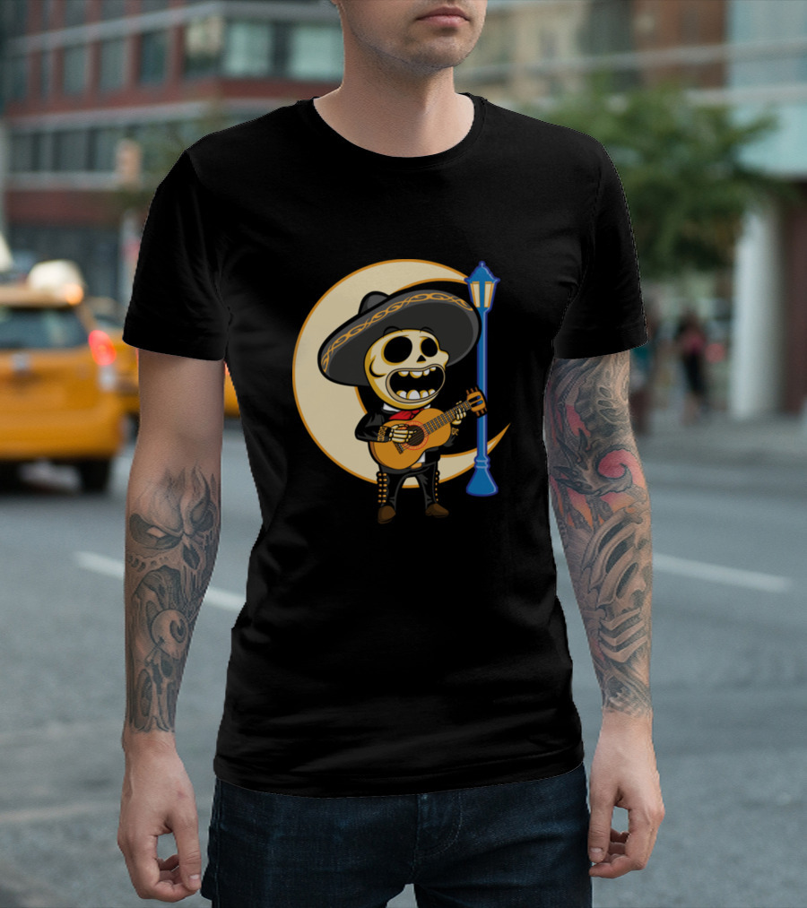 Pedrito The Mariachi Skeleton Guitar Serenade Under Streetlight T-Shirt