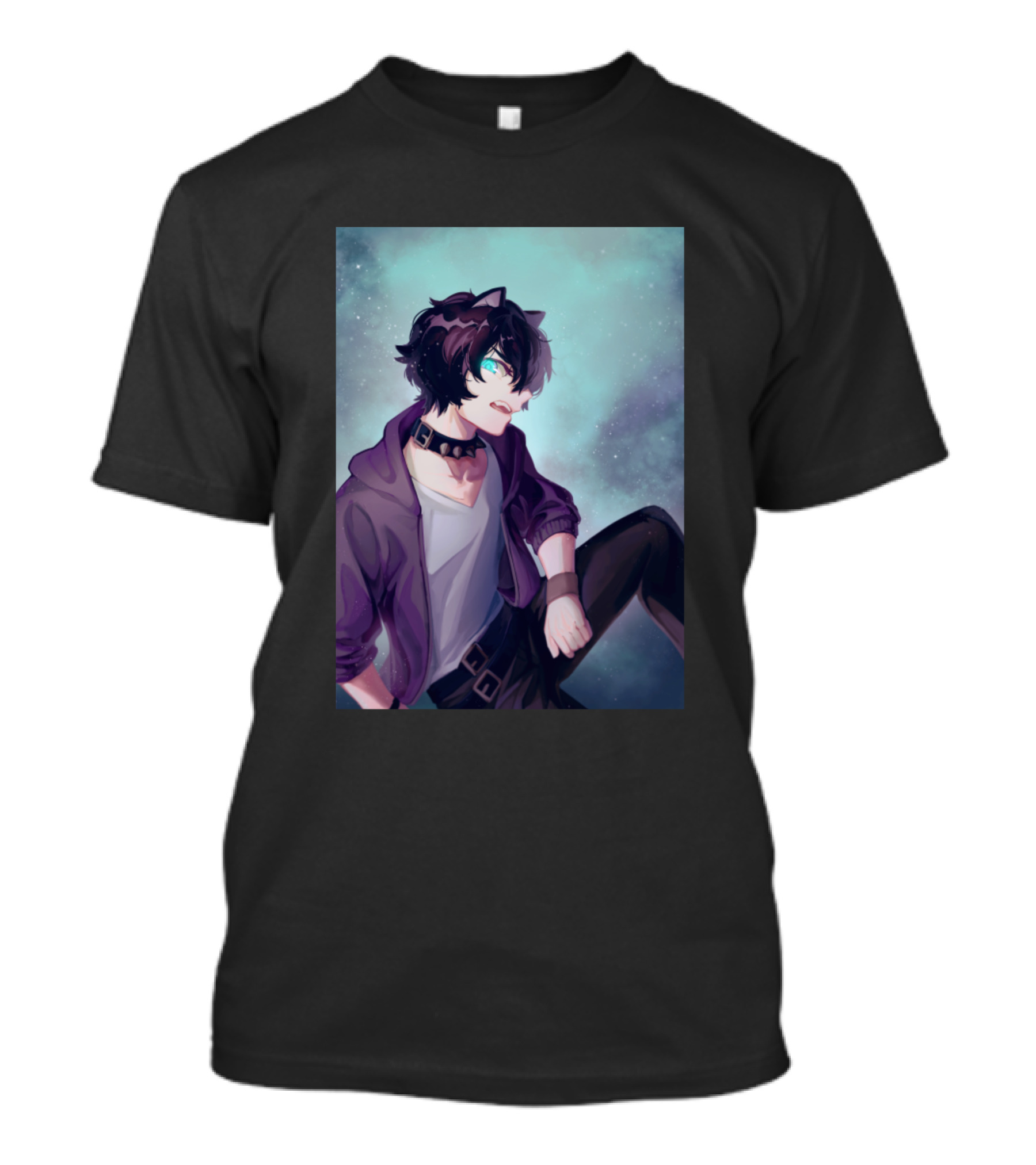 Purple Boy Anime Cat Ears Hoodie Choker Blue Eyes T-Shirt