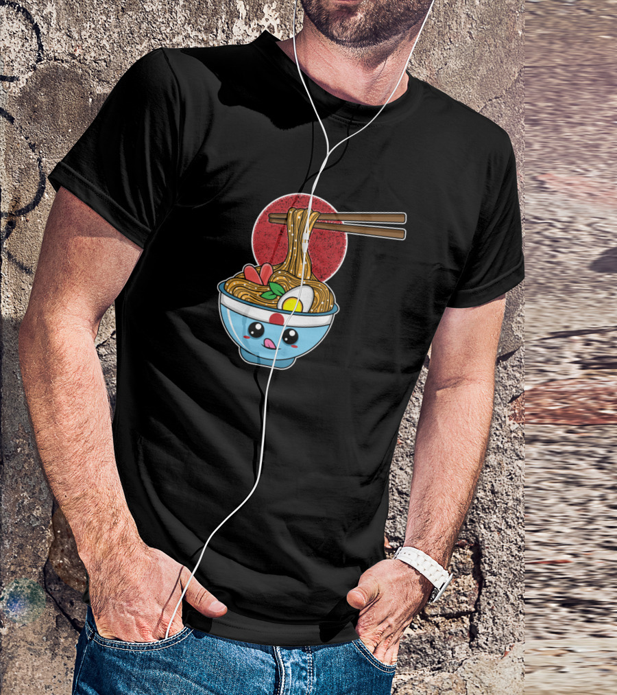 Ramen Noodles Kawaii Anime Tokio Japan Kitsune Fox Bowl With Chopsticks And Red Circle T-Shirt