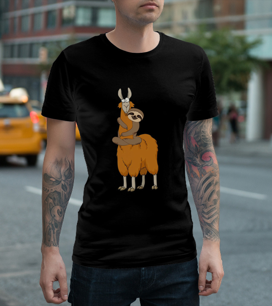 Sloth Hugging Llama Cartoon Characters T-Shirt