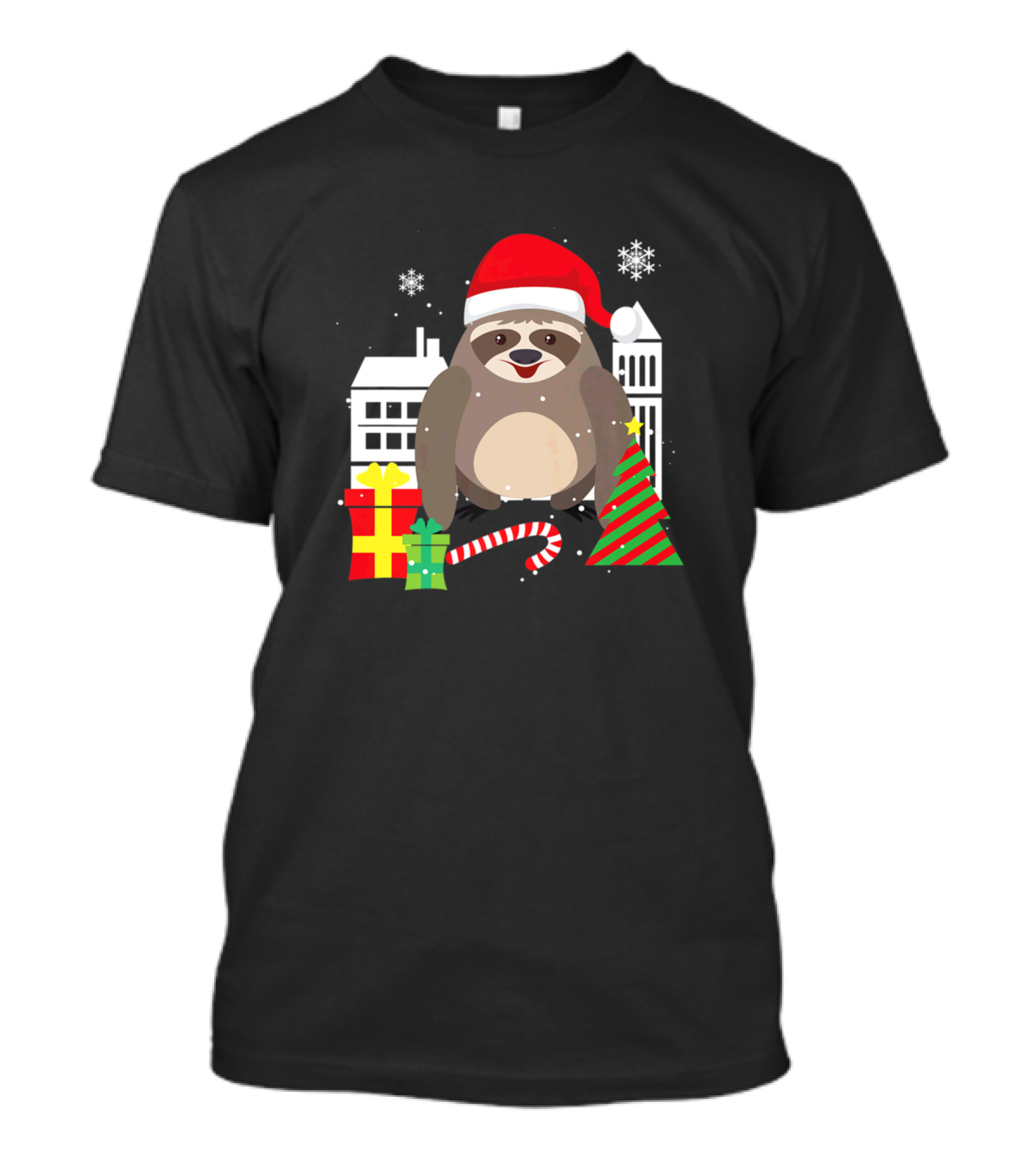 Sloth Lovers Christmas Funny Holiday Santa Hat Gifts Snowflakes Candy Cane T-Shirt